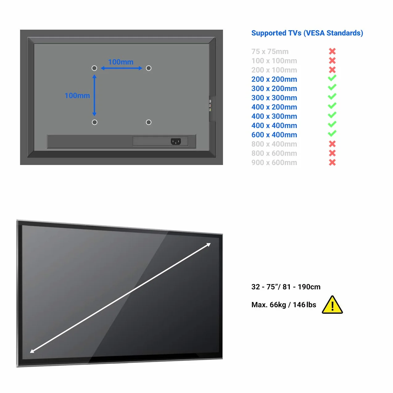 deleyCON Uniwersalny uchwyt ścienny do telewizora 32" – 75" cali (81 – 190 cm) pochylny, obciążalność do 66 kg do VESA 600 x 400 mm odstęp od ściany zmienny