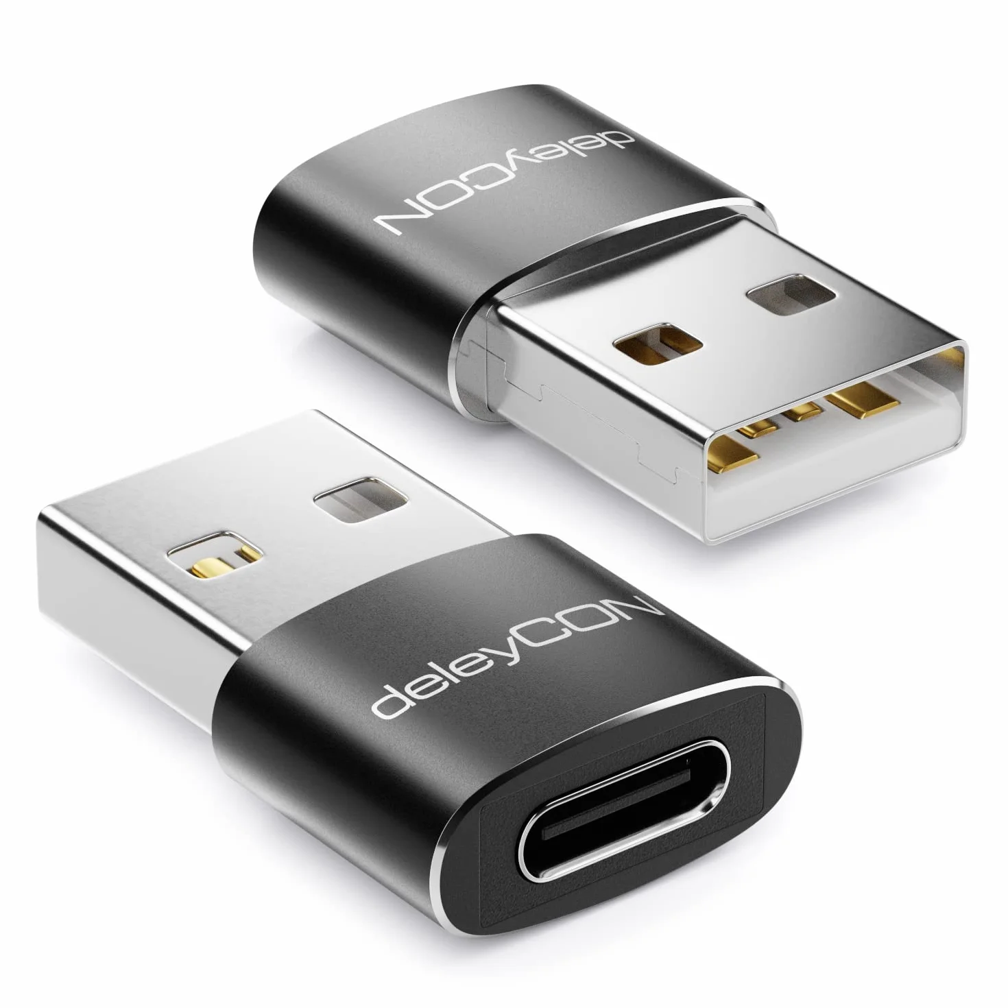 deleyCON Adapter USB C (2 Sztuki) Gniazdo USB-C do Wtyczki USB-A - do Ładowania Kabla Danych Ładowarka Power Bank - do iPhone 16 15, iPad, Airpods, Watch, Galaxy S25/S24, PC, Tablet, Notebook - Czarny