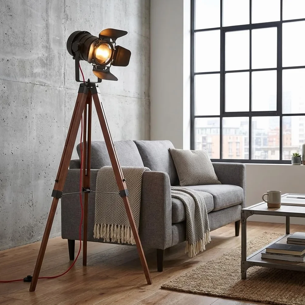 BARCELONA LED Lampa stojąca na trójnogu czarna i drewniana, regulowana wysokość, obracany reflektor, nowoczesny i vintage industrialny styl, idealna do salonu, sypialni, biura, schodów