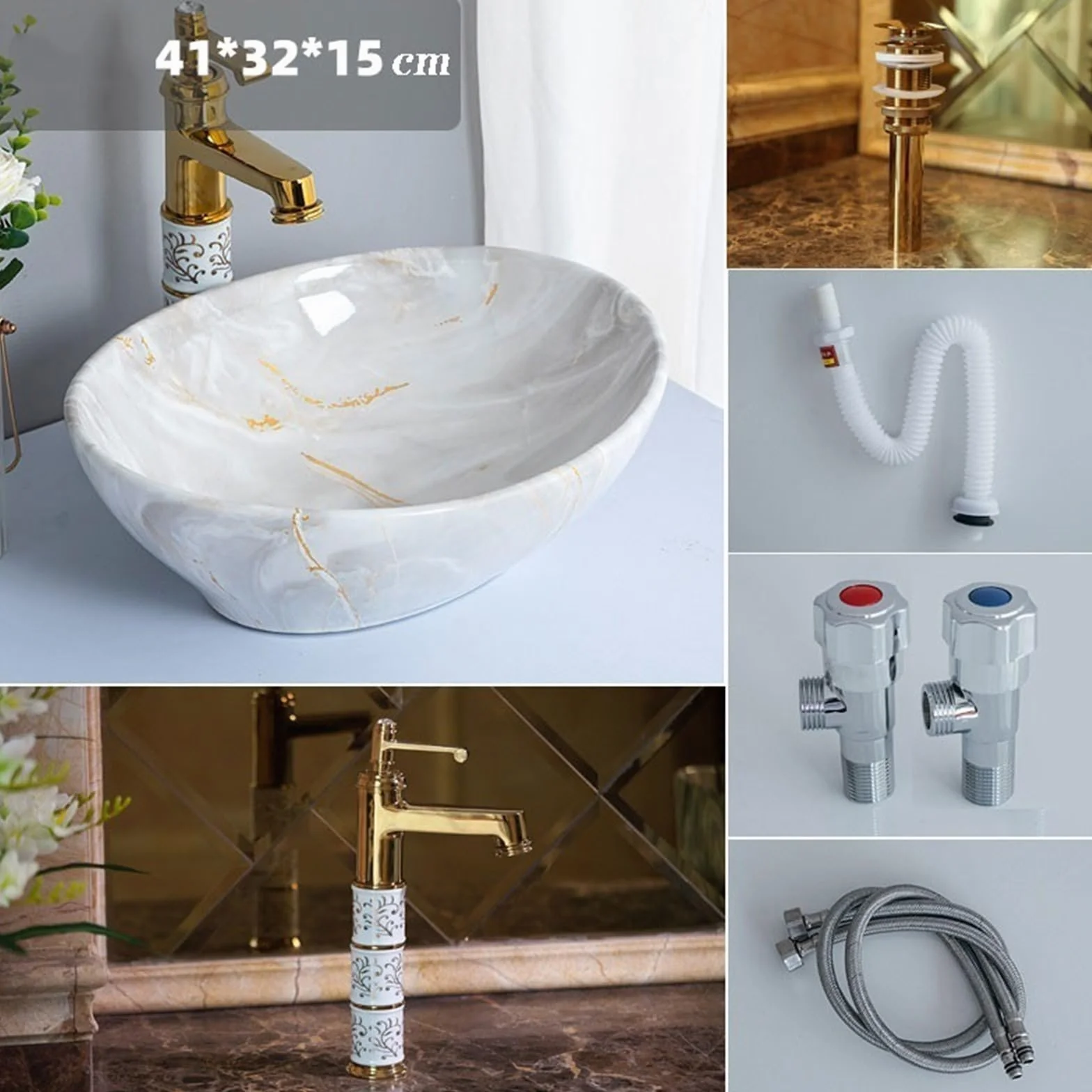 Umywalka Łazienkowa Nablatowa, Ceramiczna Umywalka Nablatowa Z Imitacją Marmuru, Wysokiej Jakości Umywalka Łazienkowa Z Akcesoriami