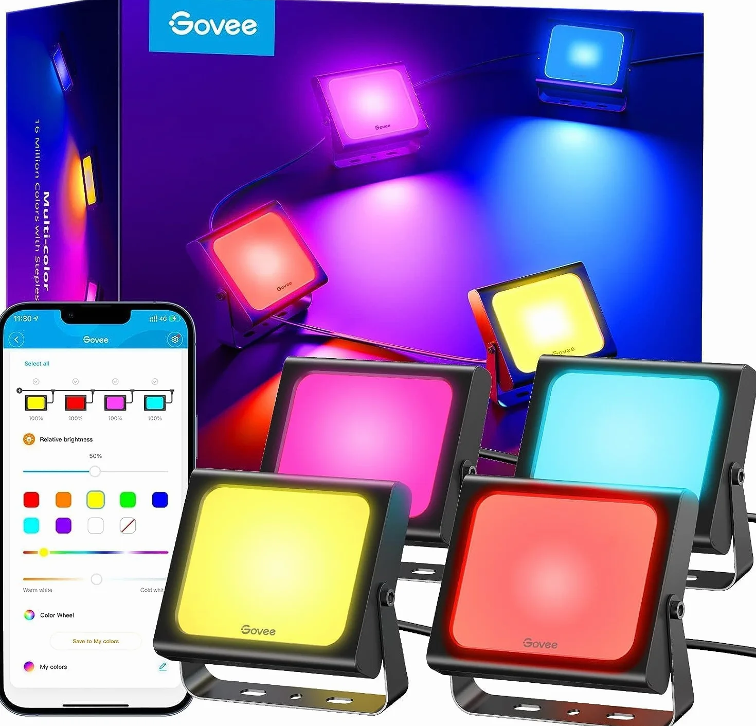 Govee RGBICWW Smart LED Spotlight, WiFi Outdoor Spotlight Works with Alexa, 2700-6500K, Dimmable LED Light with Colour Changing, IP66 Waterproof, Pack of 4