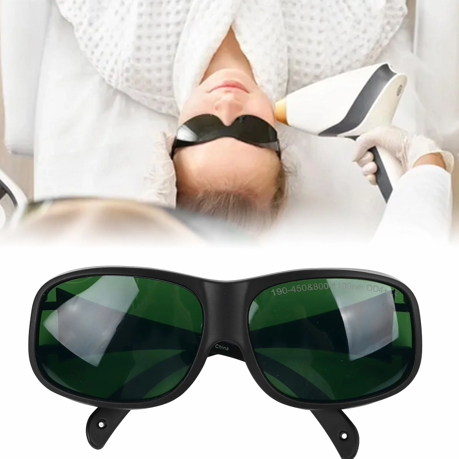 Qqmora Laserowe Okulary Ochronne 1064nm Wysoka przepuszczalność Antylaserowa Ochrona Oczu dla Urządzenia OPT Beauty TR90 Materiał Czarna Ramka Zielona Soczewka OD4, do Zabiegów Upiększających