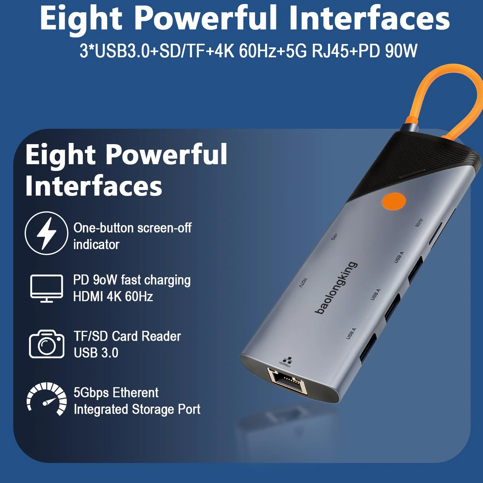Koncentrator USB-C 8 w 1 4K HDMI Gigabit Ethernet USB-A PD SD/TF MacBook HP iPad Surface