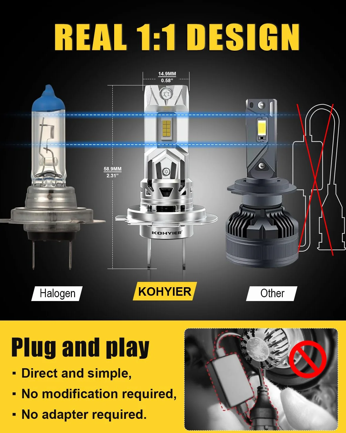Żarówka LED H7 100W 40000LM, 800% Jaśniejsza Światło Białe 6000K, Miniaturowa Żarówka Przednia H7 LED W Skali 1:1, System Plug And Play, Opakowanie 2 Sztuki