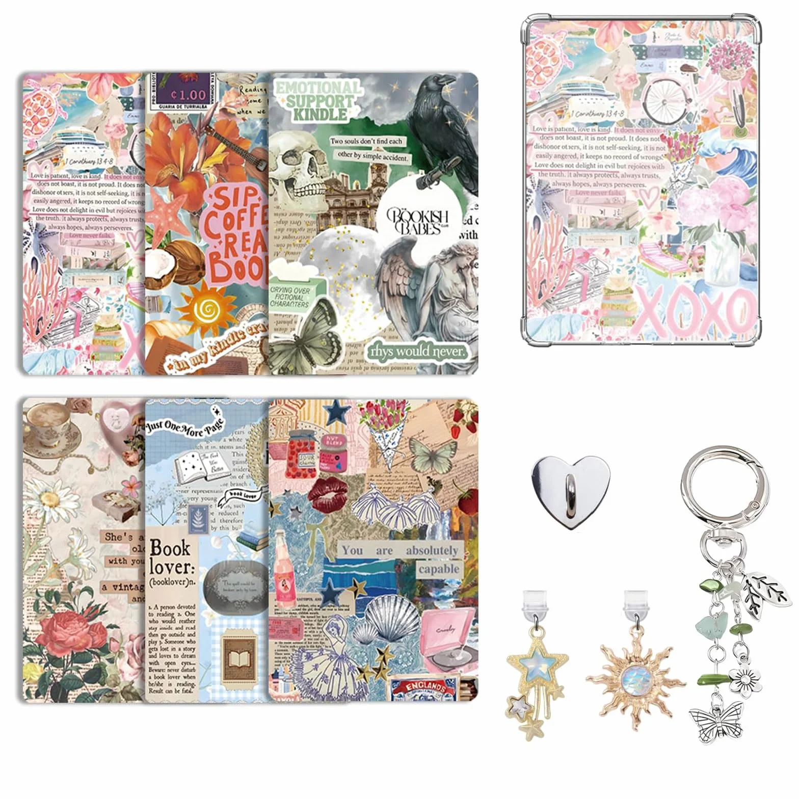 VelvetGlow 6 szt. wkładek do etui Clear Case na czytnik e-booków i 2 szt. zatyczek antykurzchowych Retro Phone Charm Set, wkładki kartonowe 17,3 x 12,2 cm kompatybilne z Kindle Paper White 11./12