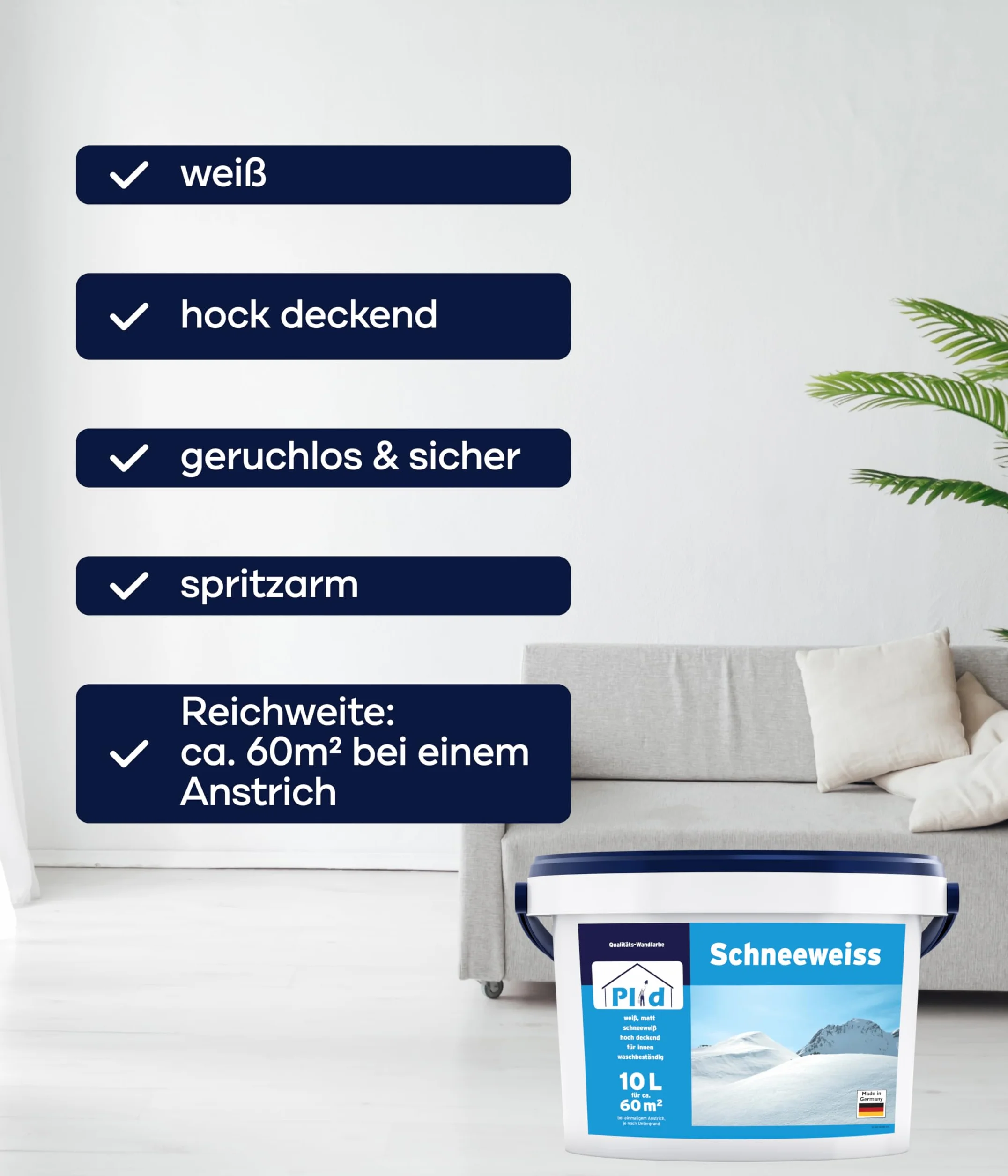 Plid® Snoweweiß farba ścienna biały 10 l [Hohe DECKKRAFT] - biała polarna, bezzapachowa, dyfuzyjna