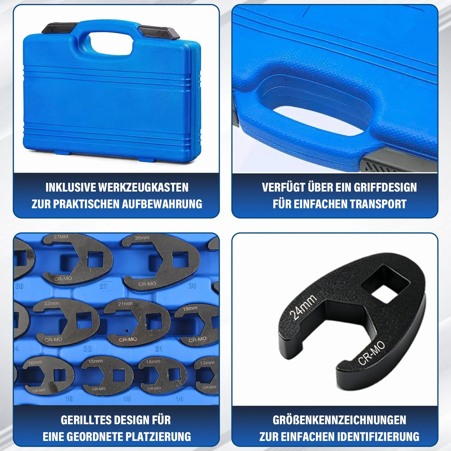 Zestaw 24-częściowy klucz do koguta, 1/2" 3/8" napęd czworokątny | metryczny 8-32 mm, przedłużenie, uchwyt przegubowy, klucz płaski z pudełkiem do przechowywania, klucz nasadowy moment obrotowy