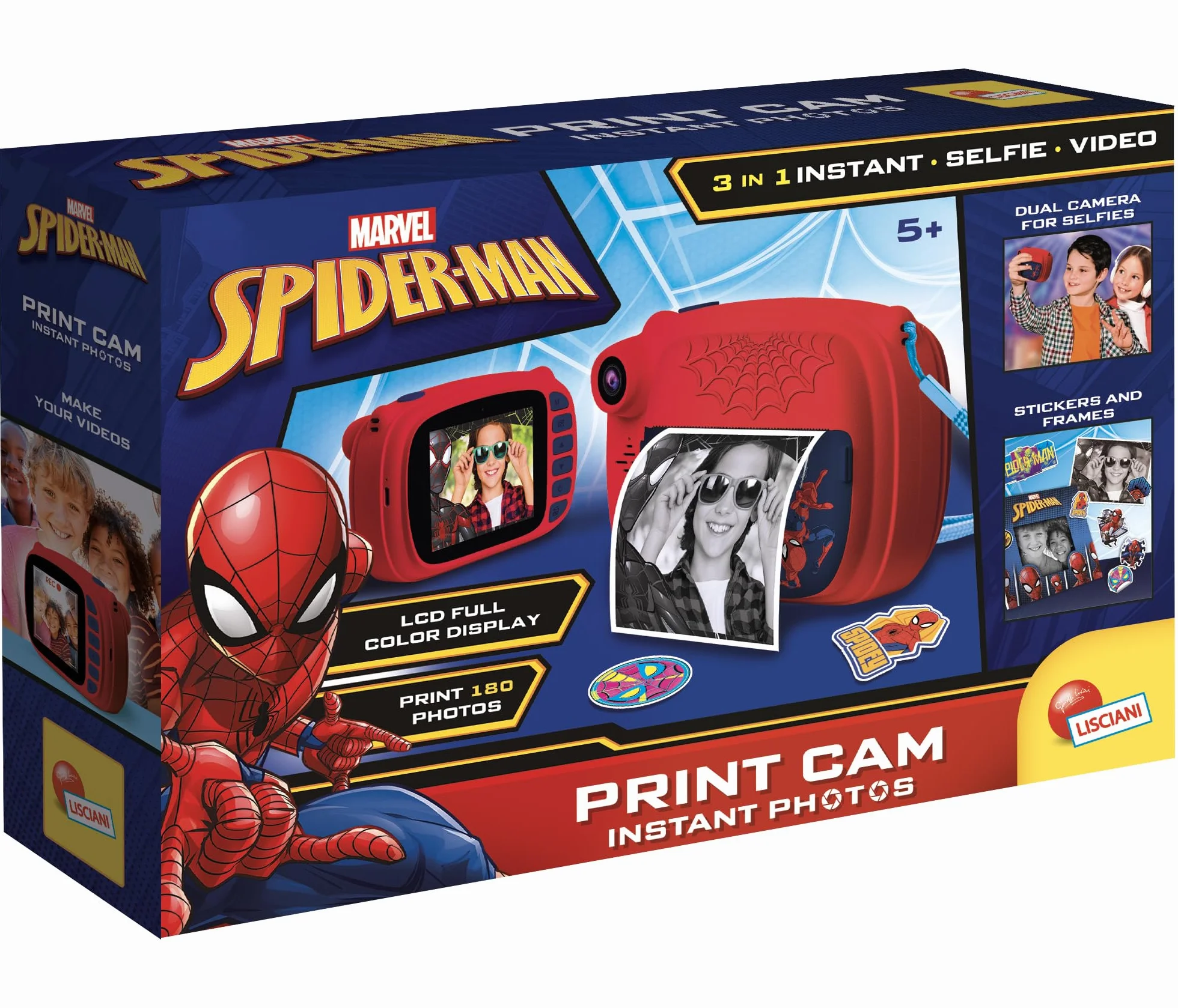 Lisciani Spider-Man Print CAM aparat natychmiastowy Hi-Tech Educative kolorowy ekran 4 cale podwójny aparat do selfie wideo 180 zdjęć od 5 lat