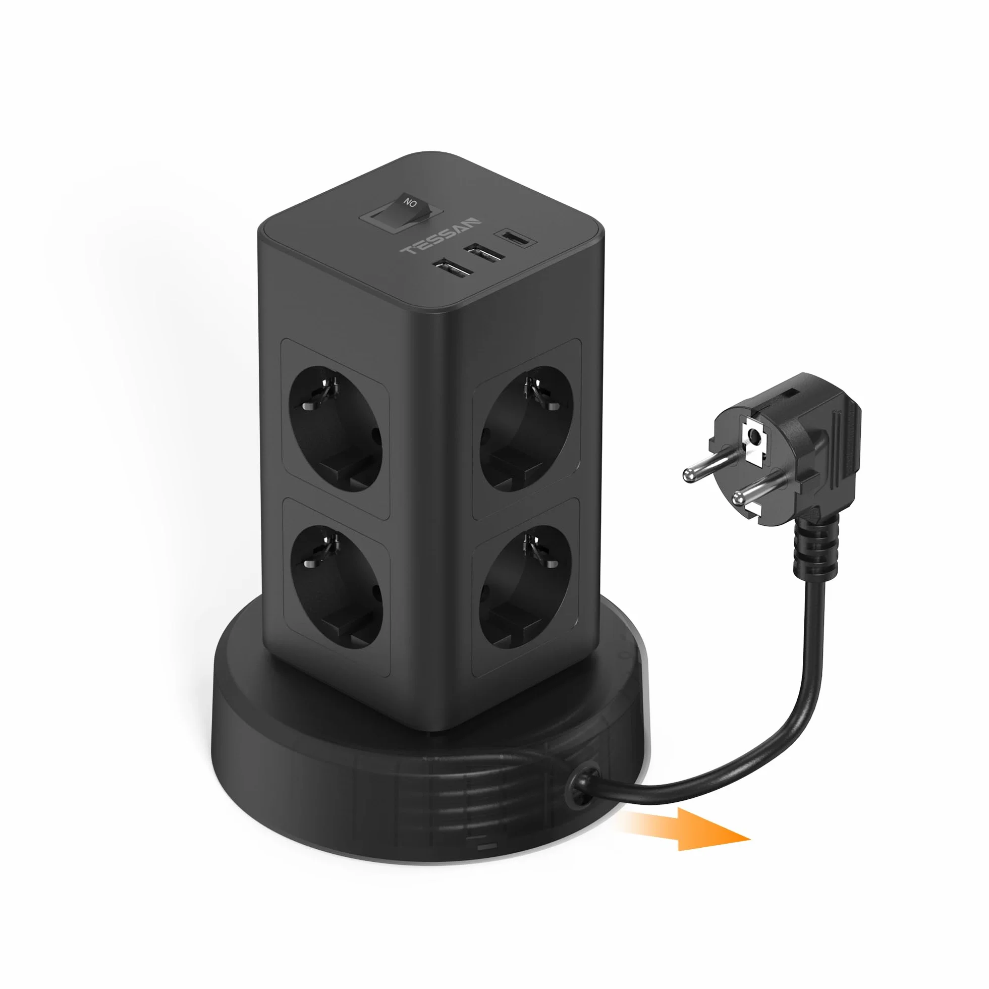 TESSAN Wieża Gniazdkowa z USB C, 8 Gniazd, Przewód 2M, Wyciągany Przewód, Przełącznik