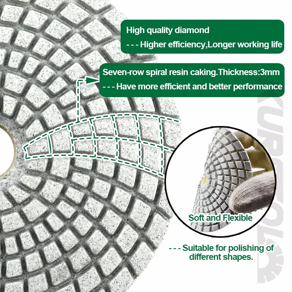 Diamond Polishing Pads Set - 10 szt. 100 mm Wet Countertop Polishing Pads + 1 szt. Plastic Body+ 1 szt. Adapter M14 Thread to Round Shank do granitu, kwarcu, marmuru