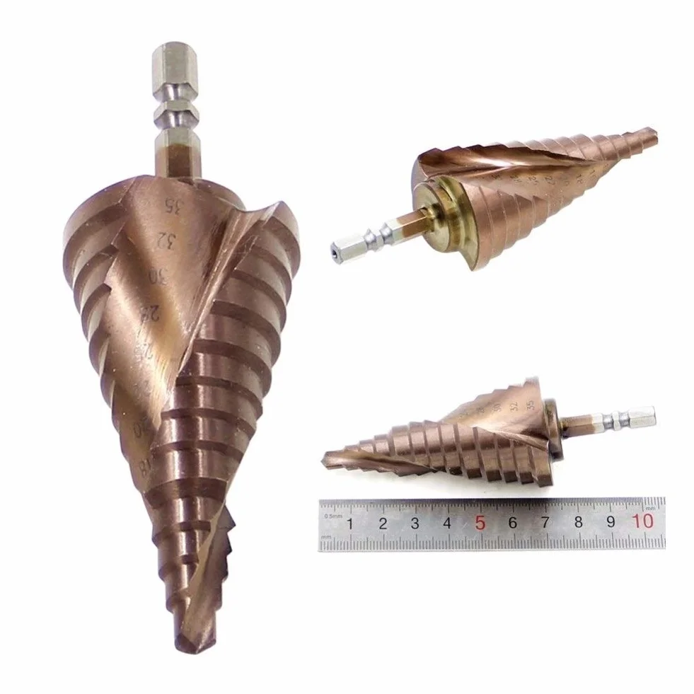 Zestaw wierteł stopniowych z rowkiem spiralnym, Wiertło spiralne z powłoką tytanową M35 z kobaltem, 13 stopni, uchwyt sześciokątny 6,35 mm, wiertło pagodowe HSS 6-35 mm