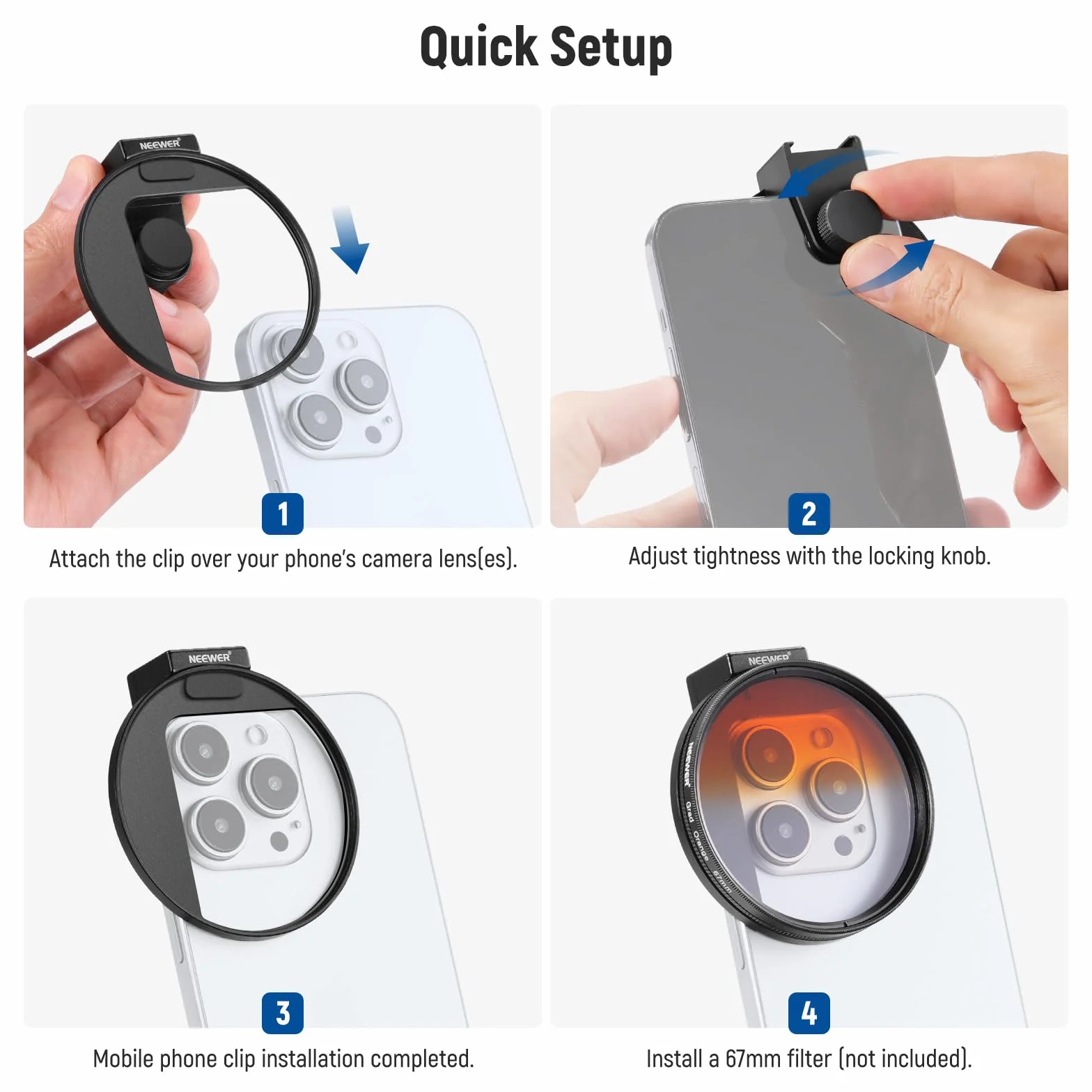 NEEWER Klips filtrujący do telefonu 67 mm, gwintowany, uchwyt na zimną stopkę, kompatybilny z iPhone 15 Pro Max 15 Plus 14 13