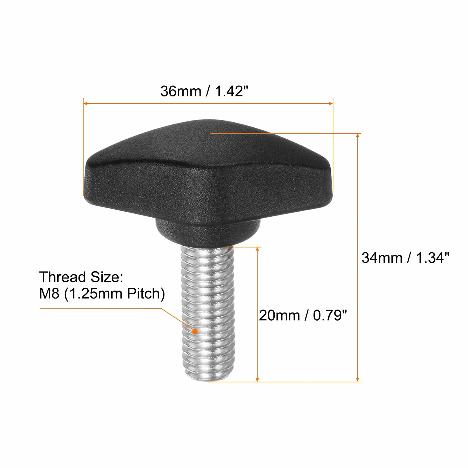 QUARKZMAN 4 sztuki gałek motylkowych T, śruby radełkowane, M8 x 20 mm, standardowy gwint zewnętrzny, guziki T z tworzywa sztucznego, uchwyty, gałki zaciskowe, uchwyt śruby radełkowane, czarne