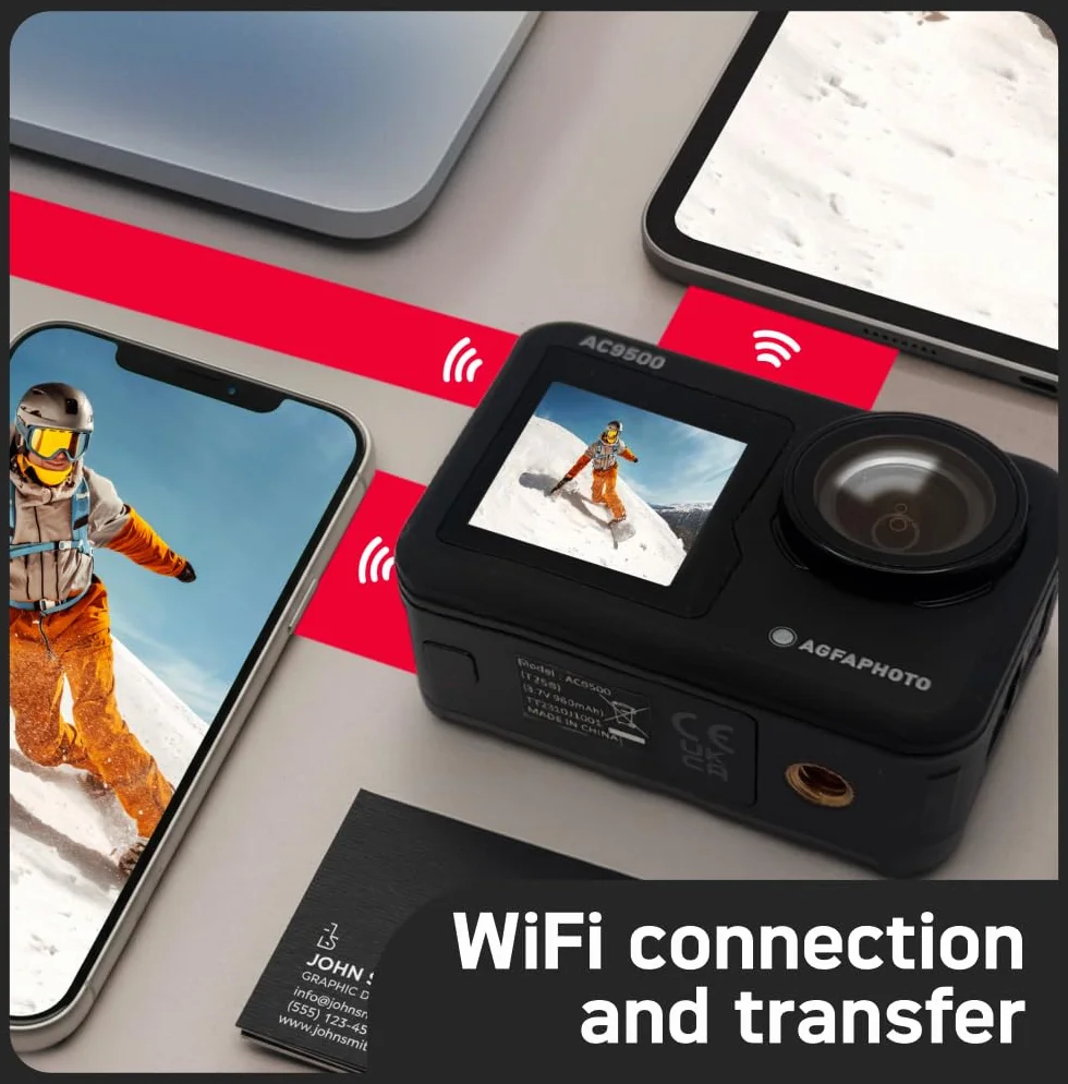 AGFA Photo AC9500 Wodoodporna kamera sportowa - filmy 4K, zdjęcia 16 MP, podwójny ekran, szeroki kąt 170°, WiFi - czarny - czarny
