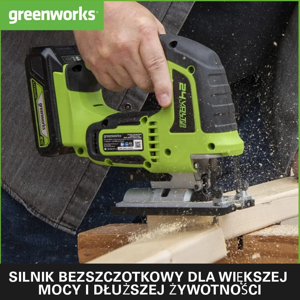 Greenworks GD24JSK2 Wyrzynarka Akumulatorowa z 2 Ostrzami, 3000 obr./min, Regulowana Podstawa do 45°, Przystawka Próżniowa PLUS 24V 2 Ah Bateria i Ładowarka