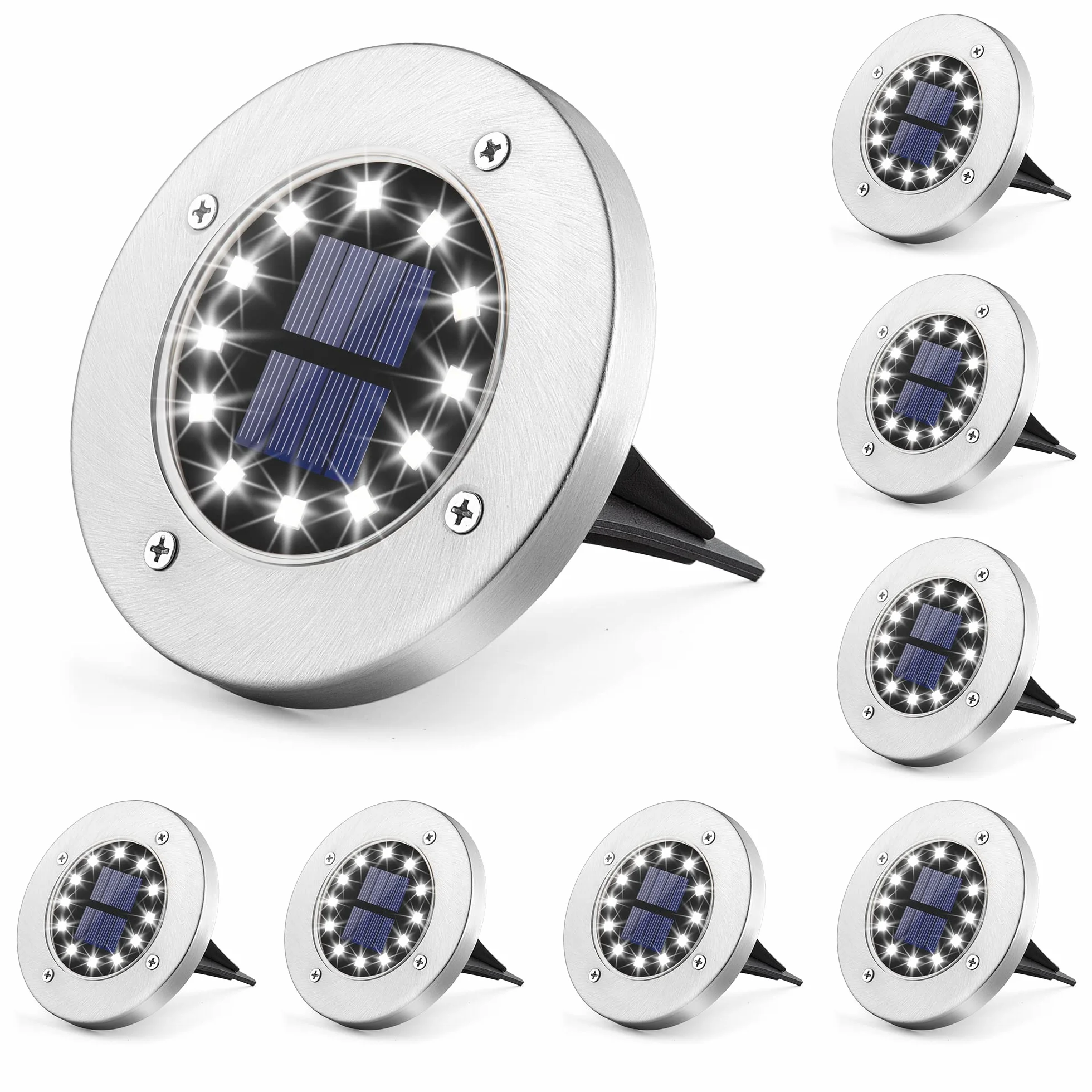 Solpex Zestaw 8 sztuk solarnych lamp gruntowych do ogrodu, 12 diod LED, białe, ze stali nierdzewnej, wodoszczelne, na taras, trawnik, podwórko, chodnik