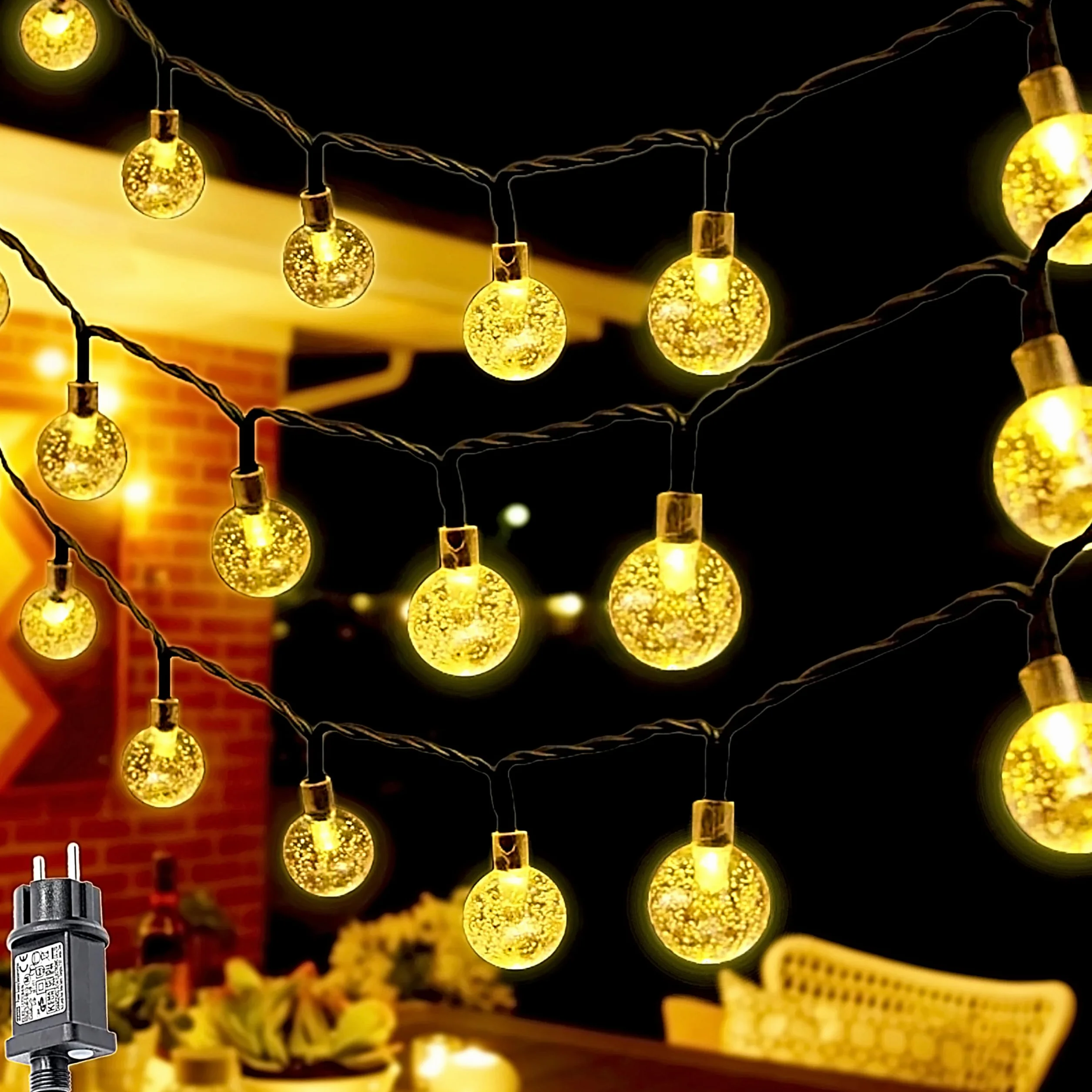 Łańcuch świetlny zewnętrzny 10 m, 100 diod LED, łańcuch świetlny z kryształową kulką, wodoszczelny, z wtyczką, 8 trybów pracy i timerem, do użytku wewnątrz i na zewnątrz, na balkon, do ogrodu