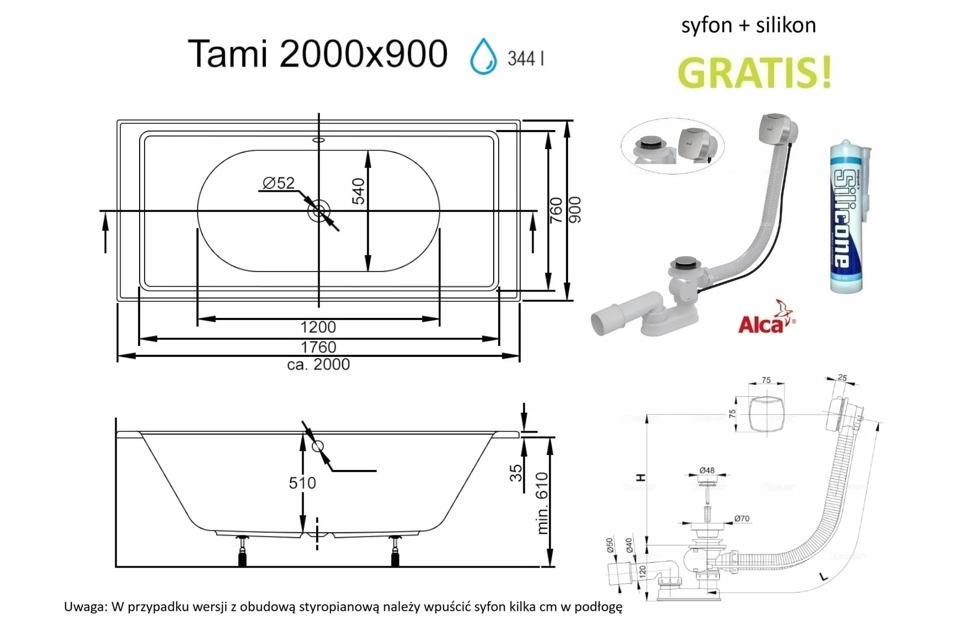 ECOLAM duża wanna prostokątna 200x90 cm akrylowa TAMI + obudowa styropianowa do opłytkowania wanna idealna dla 2 osób bezpośrednio od producenta w zestawie syfon silikon stelaż