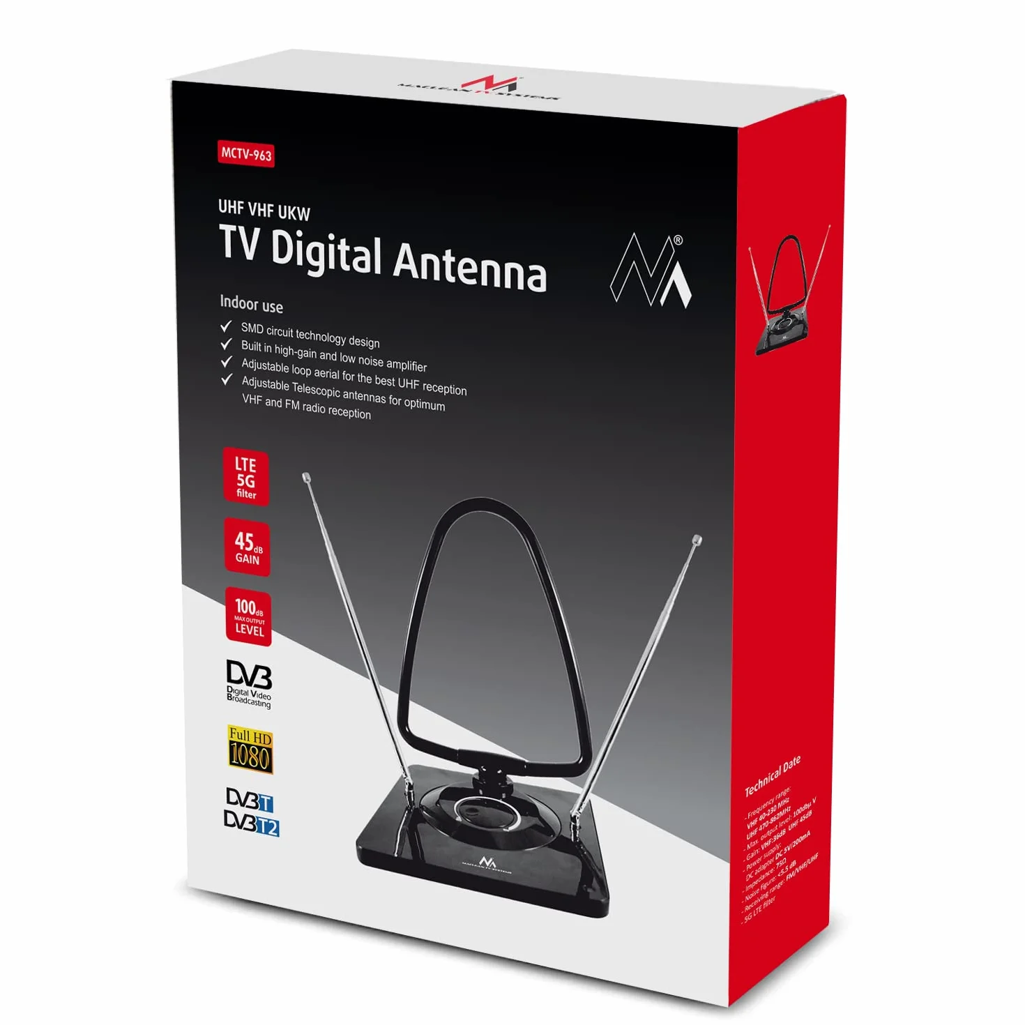 Maclean MCTV-963 Aktywna Antena DVB-T DVB-T2 45 dB Czarny