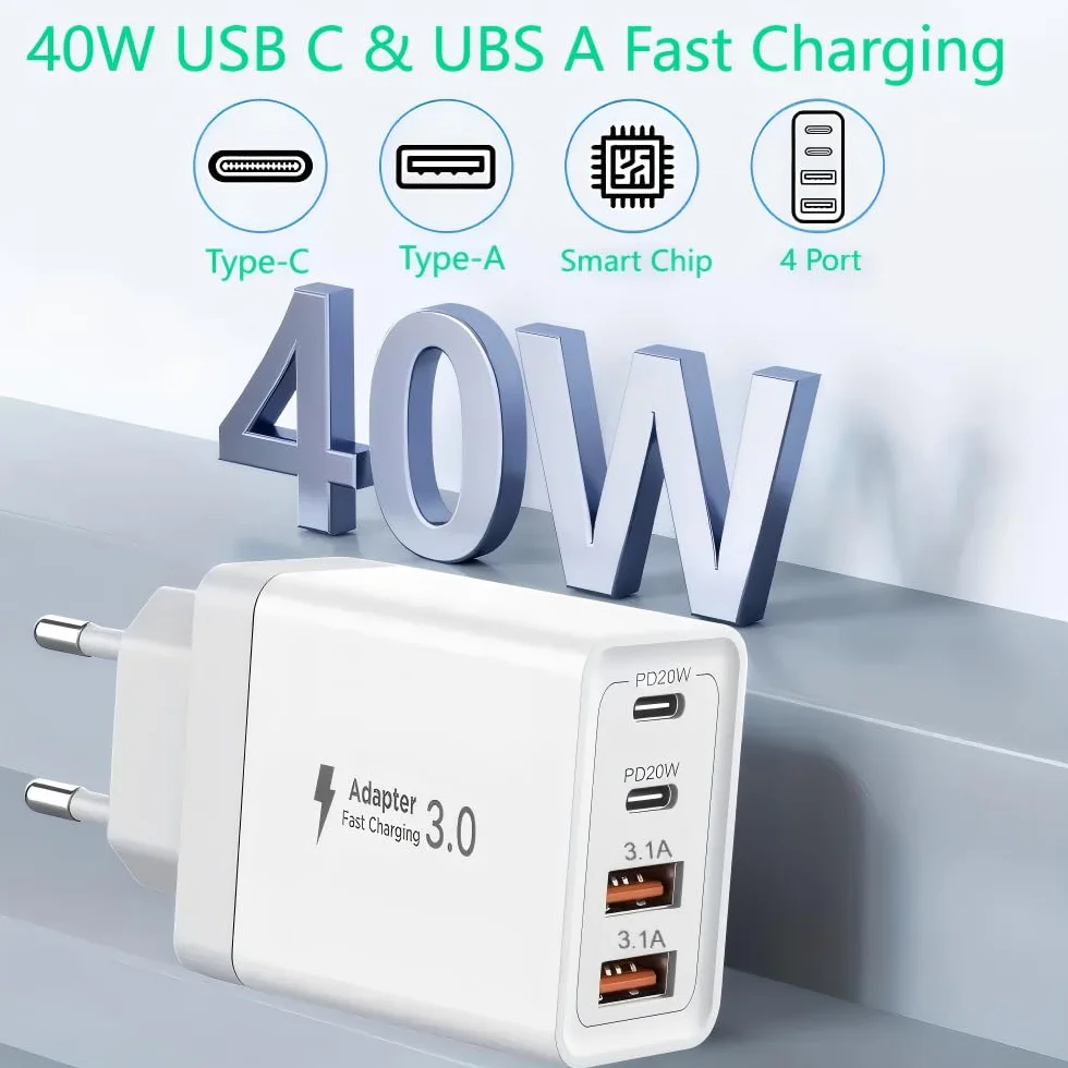 Szybka Ładowarka 40W PD USB C USB A Uniwersalny Zasilacz do iPhone Samsung Huawei Xiaomi