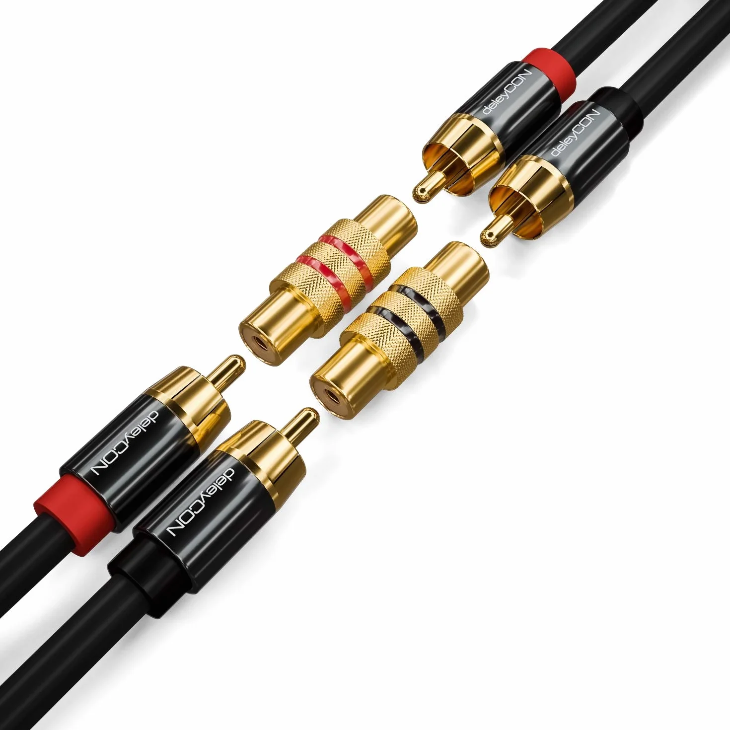 deleyCON 2 Sztuki Złączka Cinch RCA Zestaw - 1x Czarna + 1x Czerwona - Adapter Audio Video - Gniazdo do Gniazda - łącznik