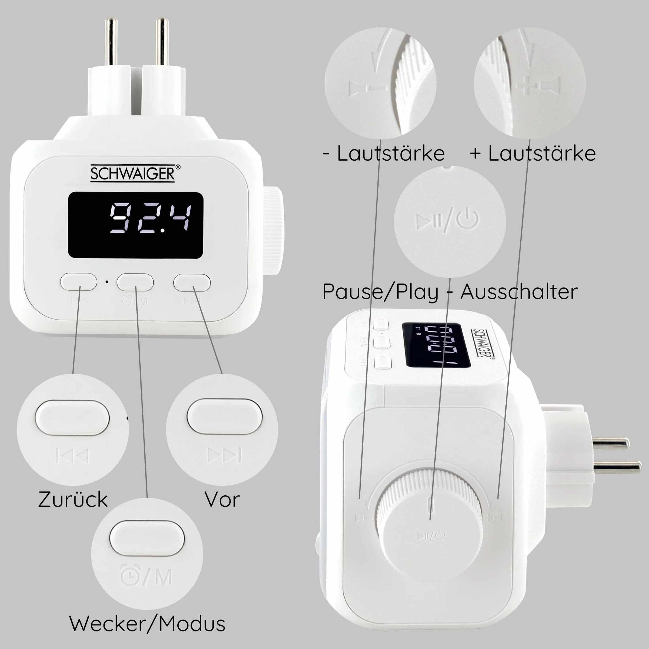 SCHWAIGER Socket Radio Budzik FM Bluetooth Czujnik ruchu Lampka nocna Wyświetlacz Mini Łazienka Kuchnia Sypialnia