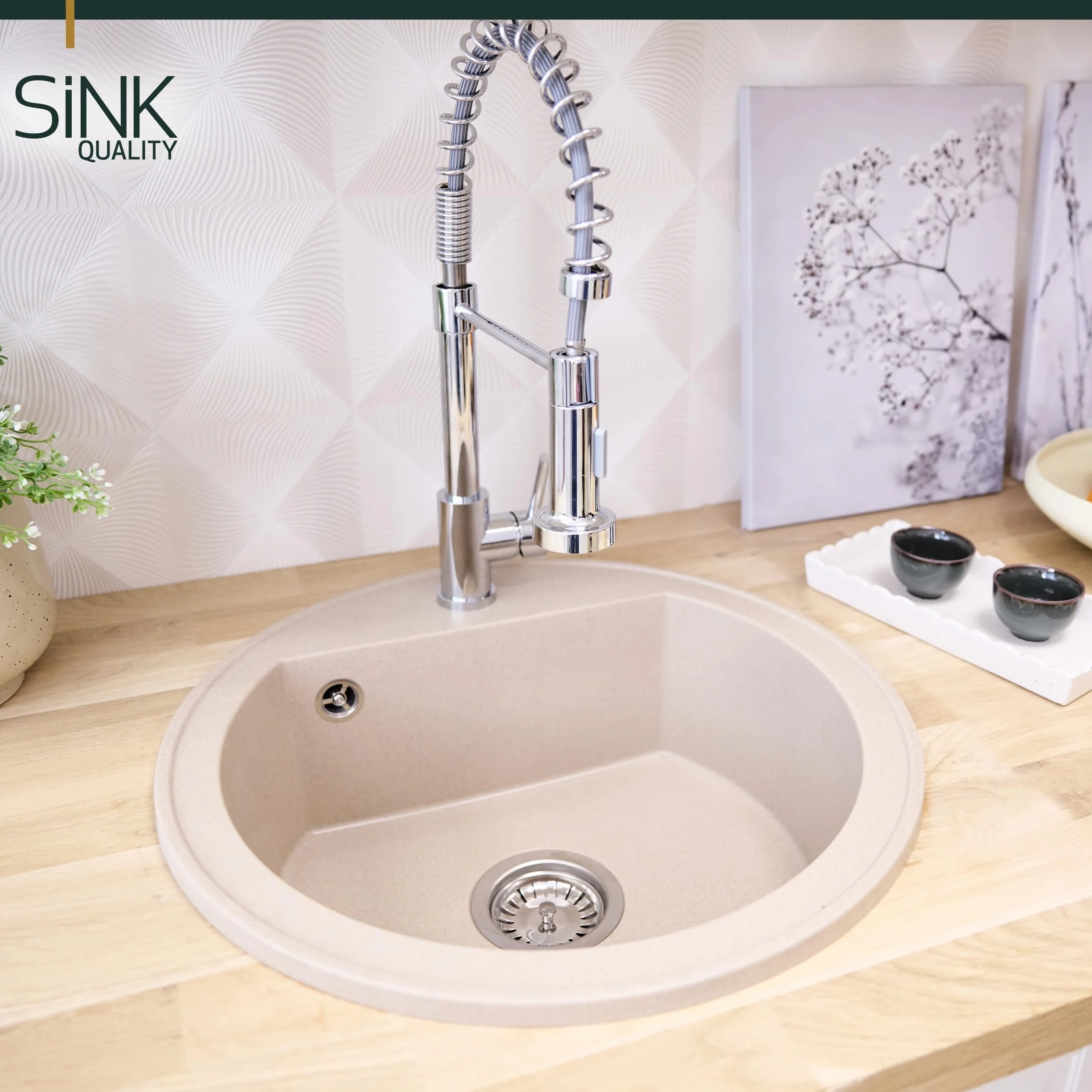 SINK Quality zlewozmywak okrągły, beżowy, Ø 51 cm, syfon z przyciskiem i impregnacją, w zestawie - zlewozmywak kuchenny okrągły z granitu - zlewozmywak granitowy do szafek od 55 cm szerokości