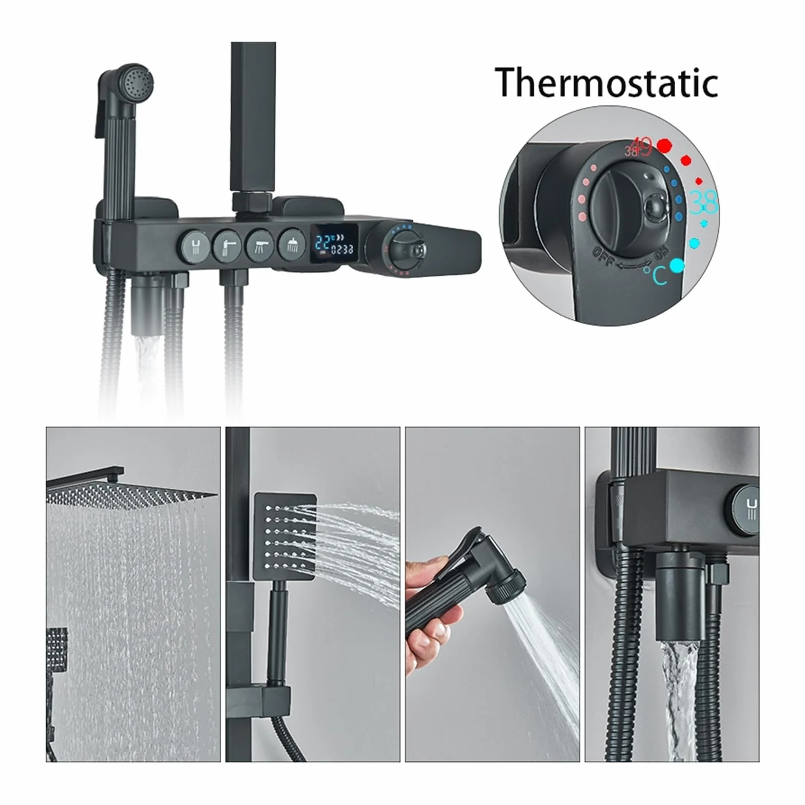Zestaw Termostatyczny Natryskowy Czarny/Chrom Zestawy Termostatycznych Baterii Natryskowych Cyfrowy Wyświetlacz Łazienka Bateria Natryskowa Mosiężny System Natryskowy Zestaw Natryskowy Z Deszczownicą