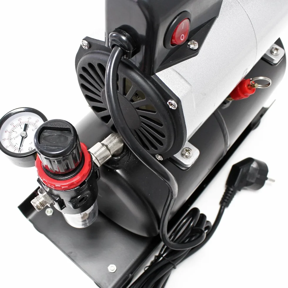 Wiltec Airbrush AF186A sprężarka jednocylindrowa do maks. ciśnienia 4 bar, w obudowie z automatycznym wyłączaniem i zbiornikiem powietrza, do modelarstwa, paznokci, tatuaży, pojazdów