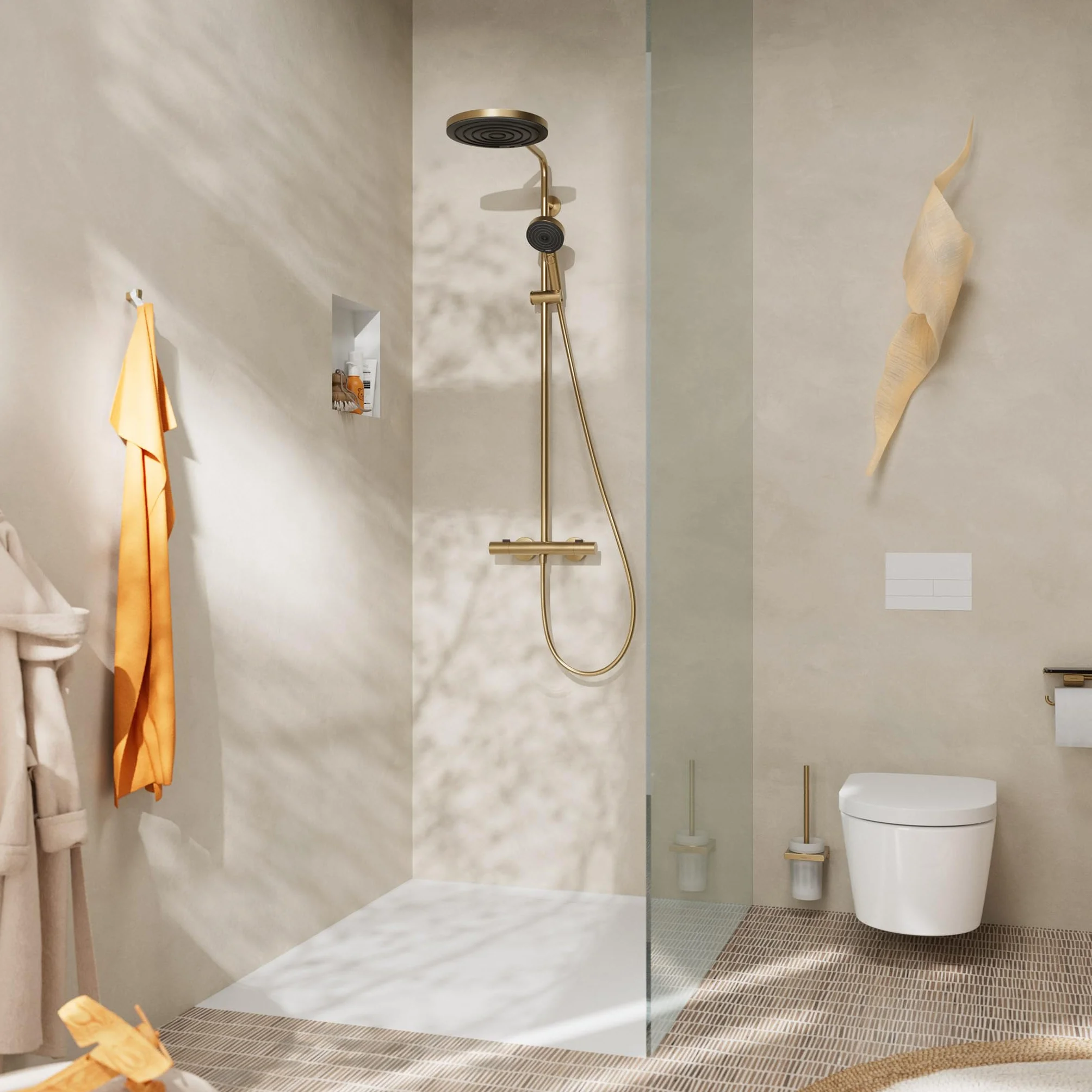 hansgrohe Pulsify S Puro - komplet prysznicowy z termostatem, zestaw prysznicowy z główką prysznicowa 3-strumieniowa, wąż, szyna i deszczownica okrągła (⌀ 260 mm), brąz szczotkowany, 24236140