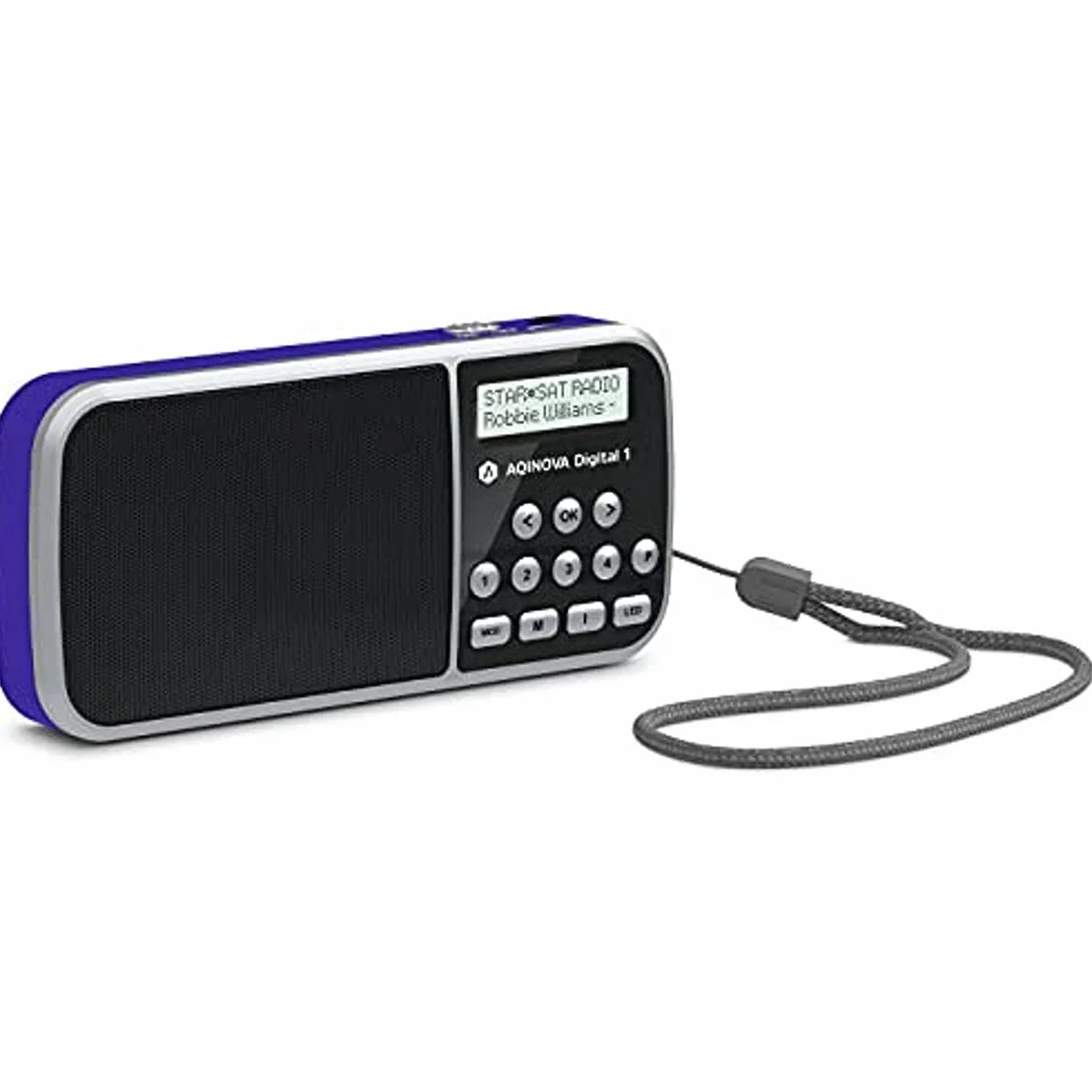 AQINOVA Digital 1 – przenośne radio DAB+/FM (wyświetlacz LCD, pamięć ulubionych, przyciski bezpośredniego wyboru, gniazdo słuchawkowe, USB, AUX-in, latarka LED, wymienny akumulator, 1 W, mała