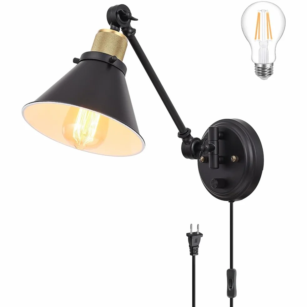 Kinkiet w stylu vintage, ściemnialny z przełącznikiem, kinkiet z obrotowym ramieniem, do wnętrz, z wtyczką i kablem, czarny, regulowany, obrotowy, metalowy, E27, obrotowy, industrialny, retro, 2 sztu