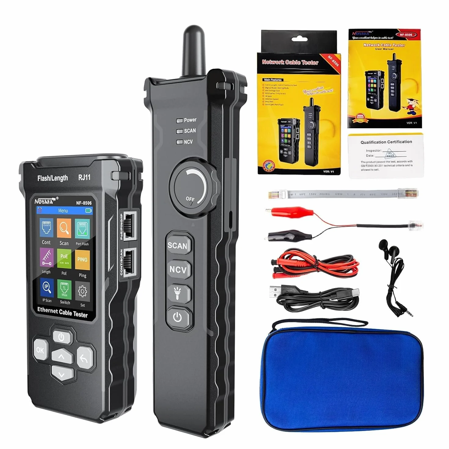 NOYAFA Tester kabli sieciowych ze skanerem IP, tester Ethernet CAT5E CAT6, test Ping PoE, miganie portów, toner kablowy TDR do RJ11 RJ45 Ethernet