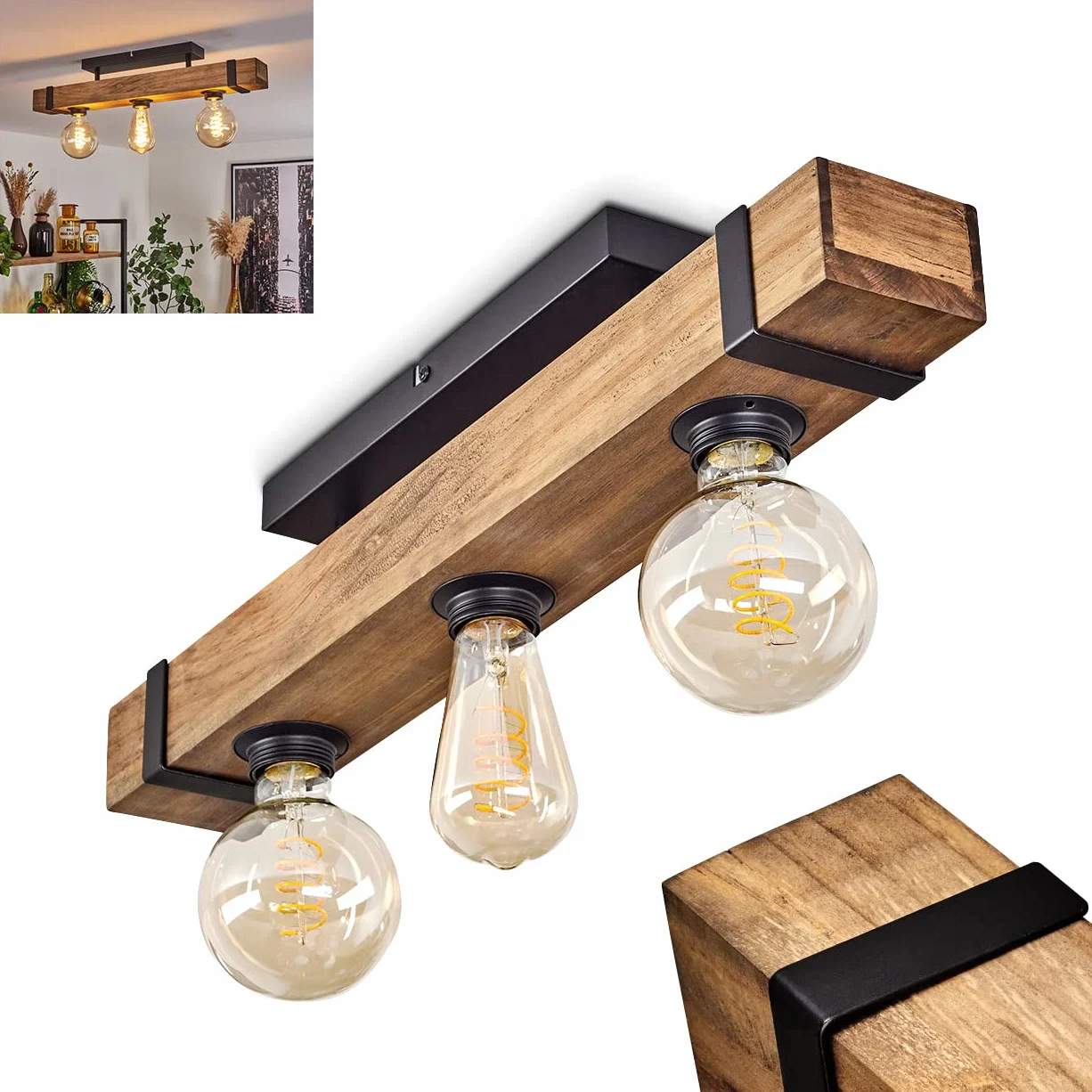 Lampa sufitowa Montgomery, nowoczesna lampa sufitowa z metalu/drewna w kolorze czarnym/naturalnym, lampa z drewnianym prętem w stylu vintage, 3 światła, 3 x E27, bez żarówki