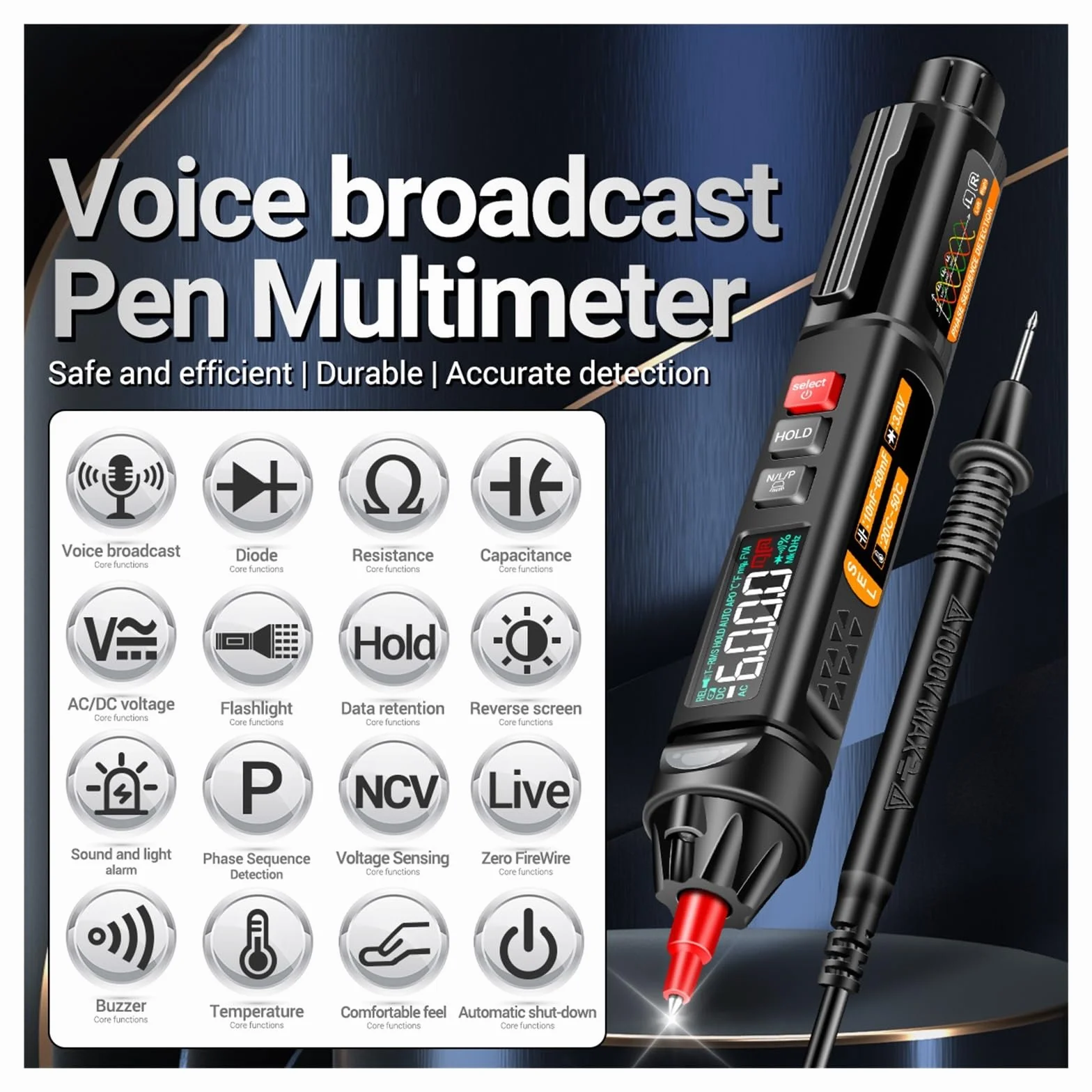 Cyfrowy Inteligentny Multimetr AC Napięcie Prądu Stałego Tester Rezystancji Pojemności Multitester True-rms NCV Szybko Dokładnie Łatwy Odczyt(Black ET8134)