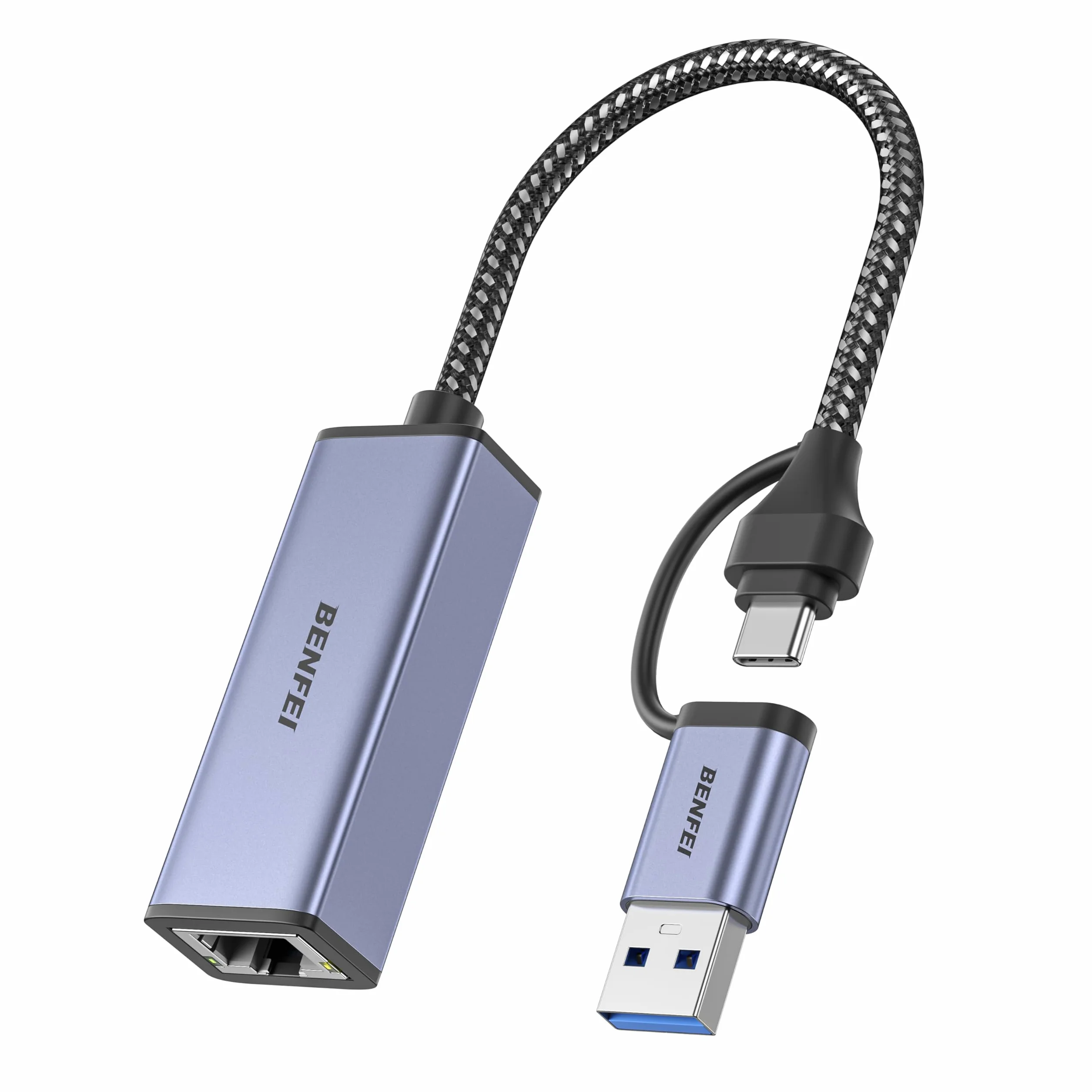 BENFEI Adapter Ethernet, adapter USB 3.0 do RJ45 1000 Mb/s Gigabit LAN kompatybilny z MacBookiem, Surface Pro, PC z Windows 7/8/10, XP, Vista, Mac [aluminiowa obudowa i kabel nylonowy]
