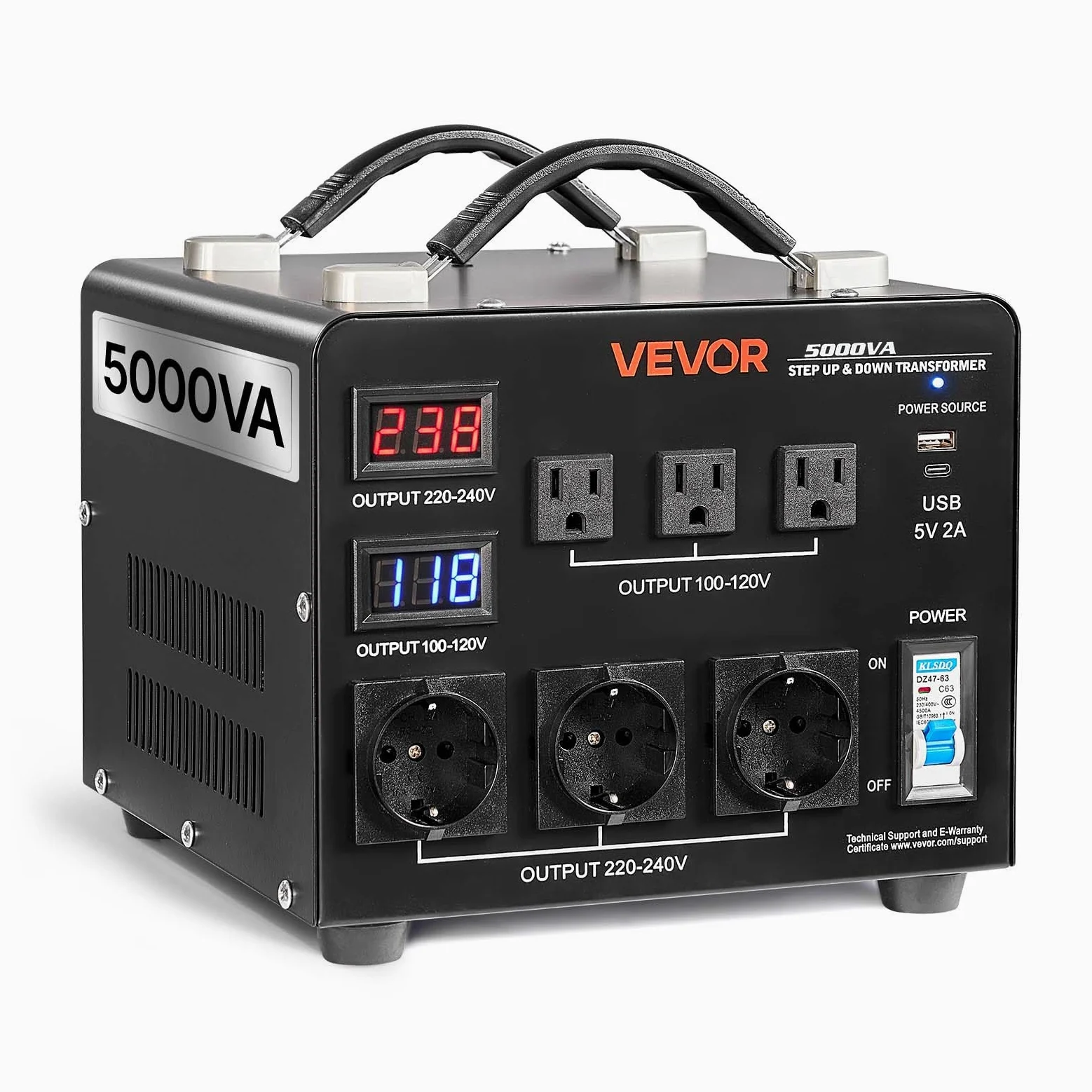VEVOR Transformator 220 V na 110 V 110 V do 220 V Automatyczny transformator napięcia obniżającego 5000 VA z 3 gniazdami USA, 3 gniazdami UE, wyświetlaczem LCD, kablem zasilającym