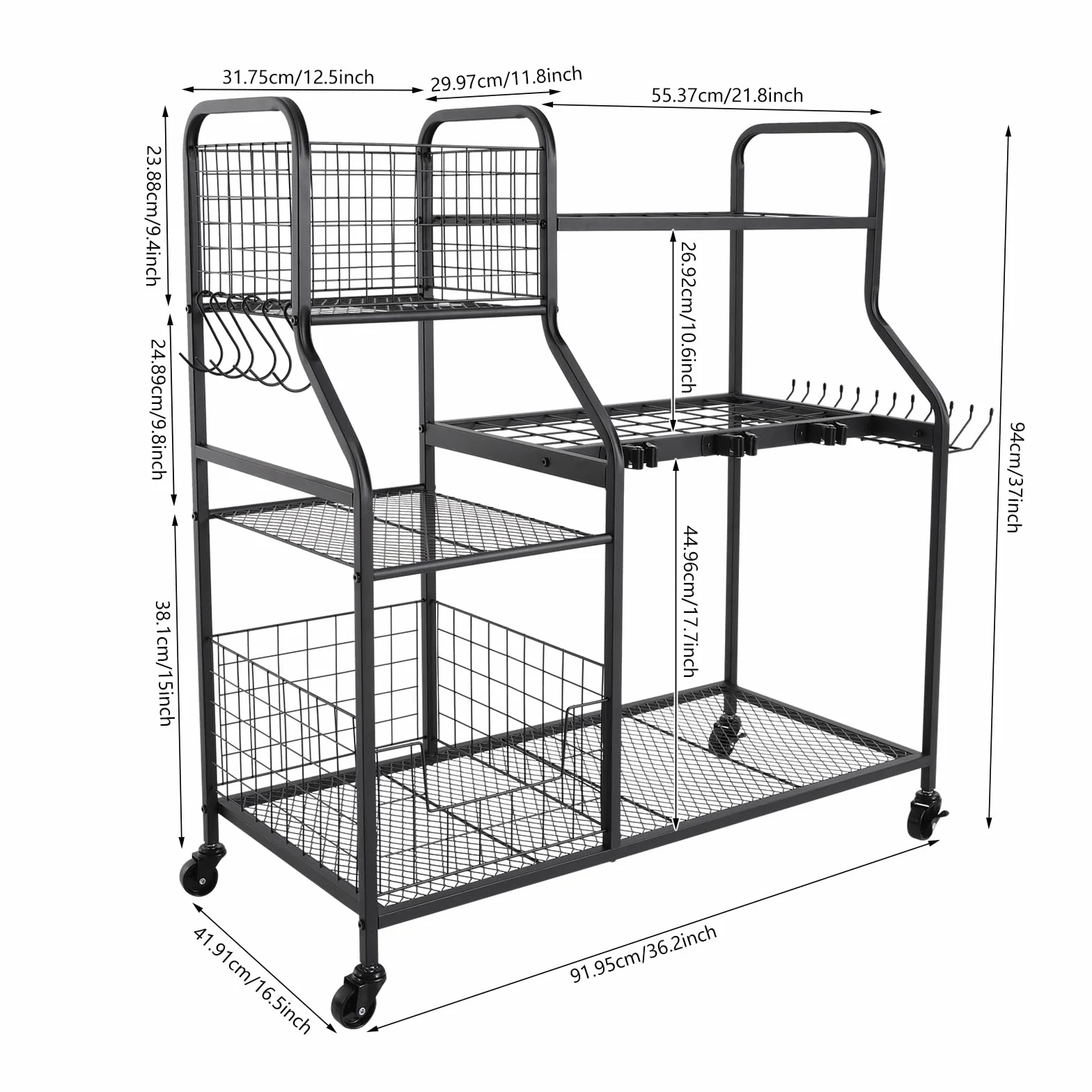 Organizer na narzędzia ogrodowe 91,95*41,91*94cm Garden Tool Organizer z 4* uniwersalnymi rolkami i podkładkami pod stopy, stojak na narzędzia ogrodowe do przechowywania narzędzi ogrodowych, urządzeń