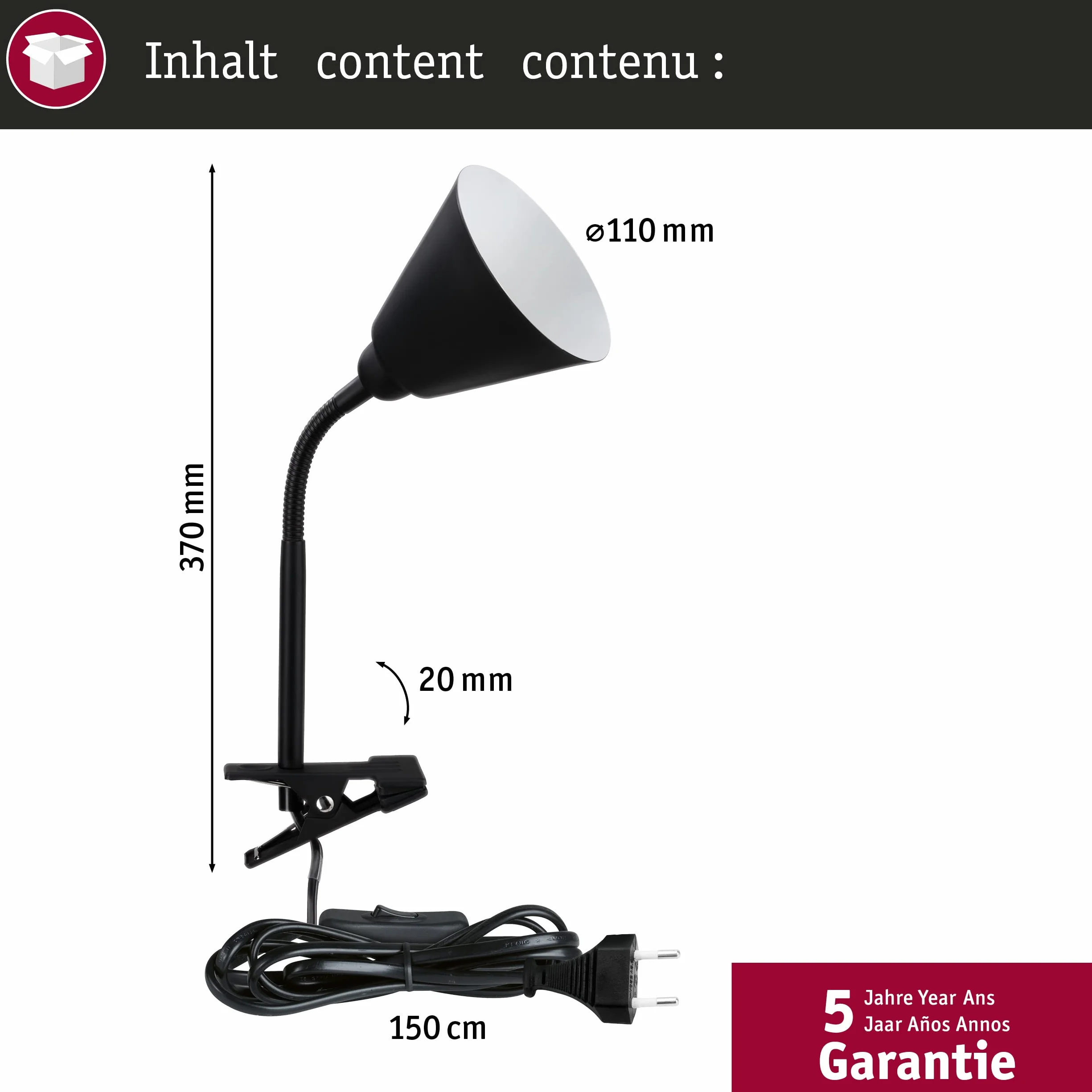 Paulmann 95430 oprawa zaciskowa Vitis z ramieniem elastycznym maks. 20 W lampa wyłącznik przelotowy czarna metalowa tw. sztuczne E14