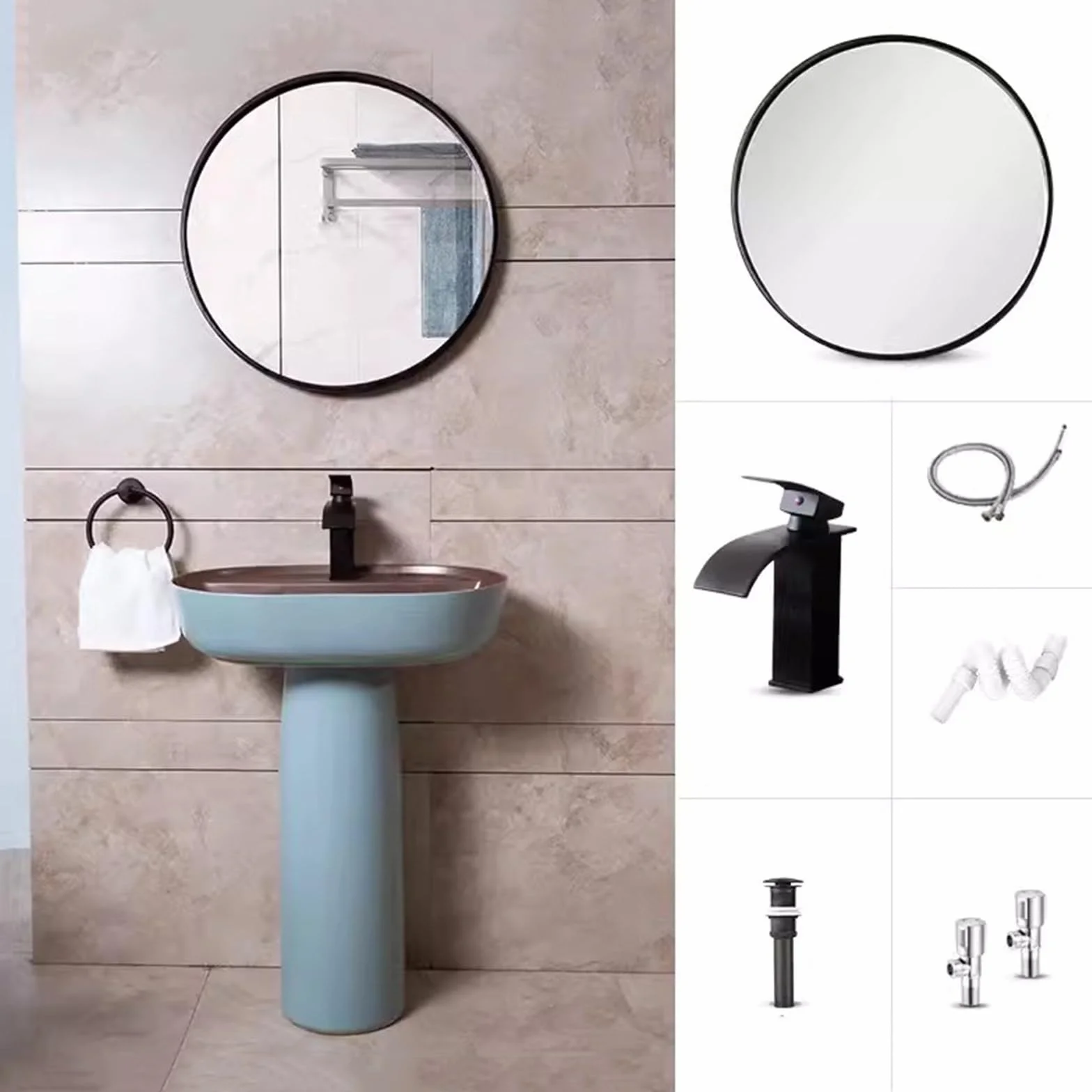 Umywalka łazienkowa ceramiczna, umywalka stojąca, elegancka niebieska umywalka stojąca, 2-częściowa umywalka kolumnowa, umywalka nablatowa, umywalka zewnętrzna na podwórk