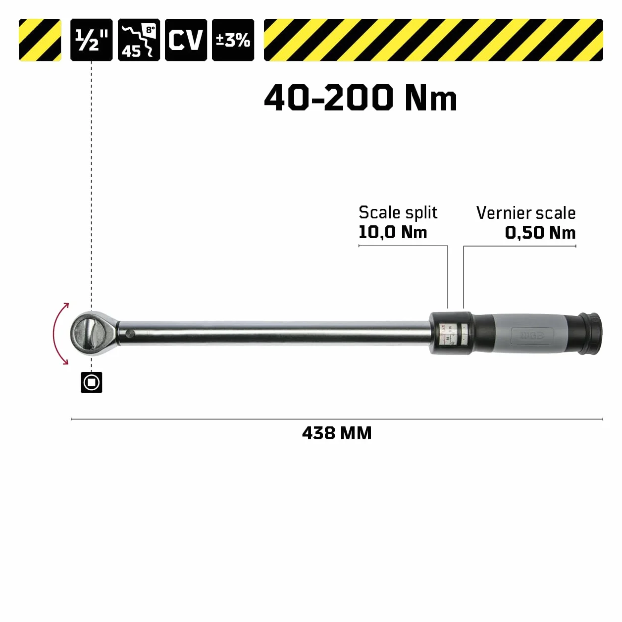 Automatyczny klucz dynamometryczny 1/2" do samochodów, pojazdów mechanicznych, motocykli itp. | 40 do 200 Nm przy ± 3% tolerancji, nadaje się jako klucz do nakrętek kół | Narzędzie dynamometryczne do