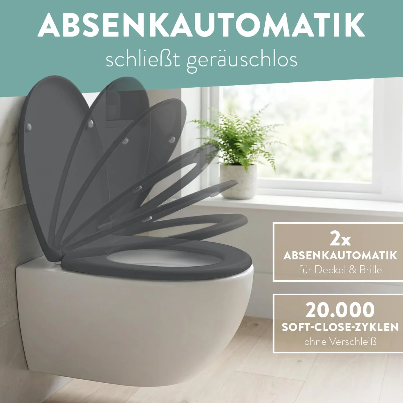 BENKSTEIN Deska sedesowa klasy premium, antybakteryjna, owalna, ciemnoszara, z duroplastu, z funkcją Quick-Release i funkcją cichego opadania, deska sedesowa ze stali nierdzewnej, zdejmowana deska