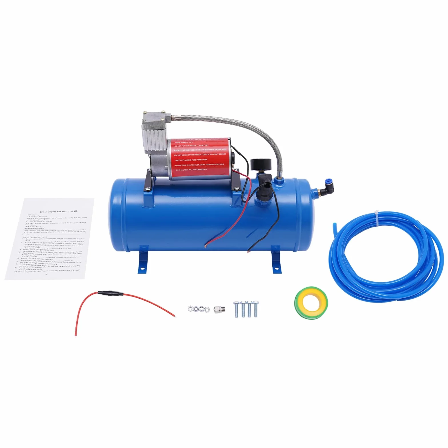 Sprężarka powietrza, DC 12 V, 8 bar, sprężarka powietrza z manometrem, wąż 150 psi, wąż 3,8 m, 6 l, pompa sprężarki powietrza do opon samochodowych, silników samochodowych