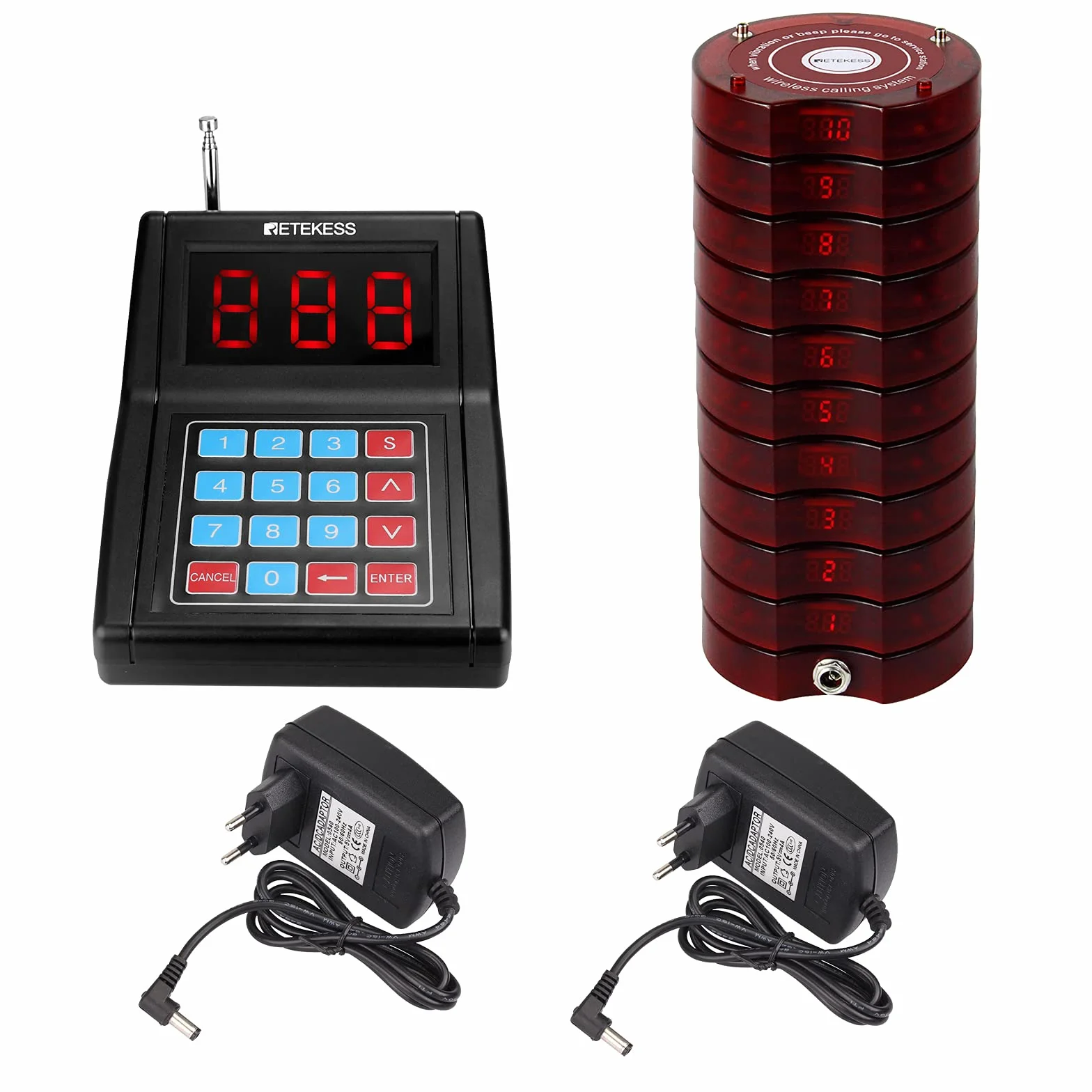 Retekess TD165 Pager Buzzer Restauracji, 999 Kanałów, Zasięg 300m, 10 Podstawek Akumulatorów, 3 Tryby Połączeń
