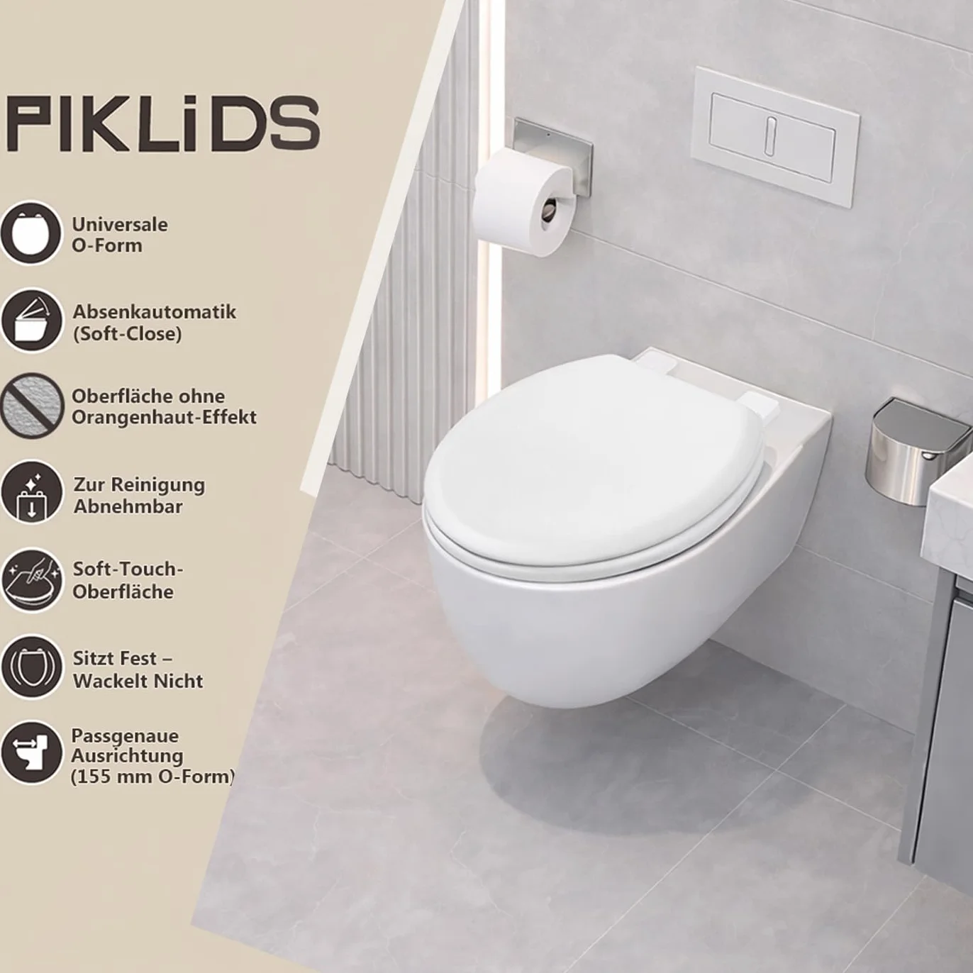 Deska sedesowa z drewnianym rdzeniem, kolor biały matowy – Soft-Touch i ultra gładka (bez skórki pomarańczowej), wolnoopadająca i szybkie zapięcie (Easy-Clean), kształt O, rozstaw otworów 155 mm
