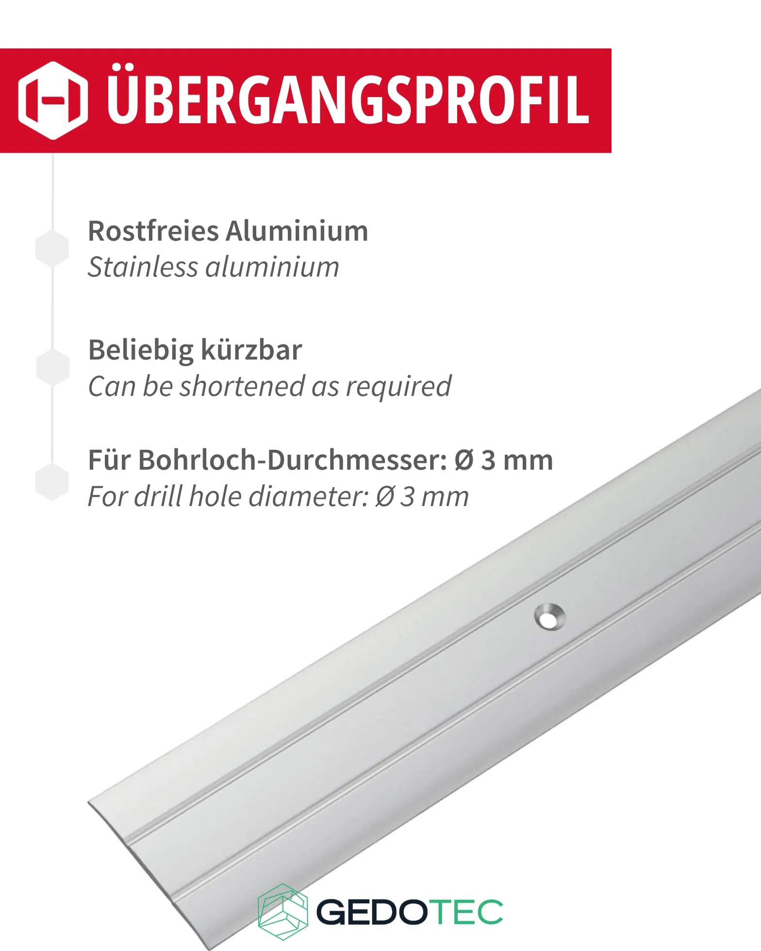 Gedotec Profil przejściowy aluminiowy srebrny 200 cm, szerokość 37 mm, długość 1 m, perforowany profil podłogowy do progu drzwi, 1 sztuka szyny przejściowej do podłóg z możliwością przykręcenia