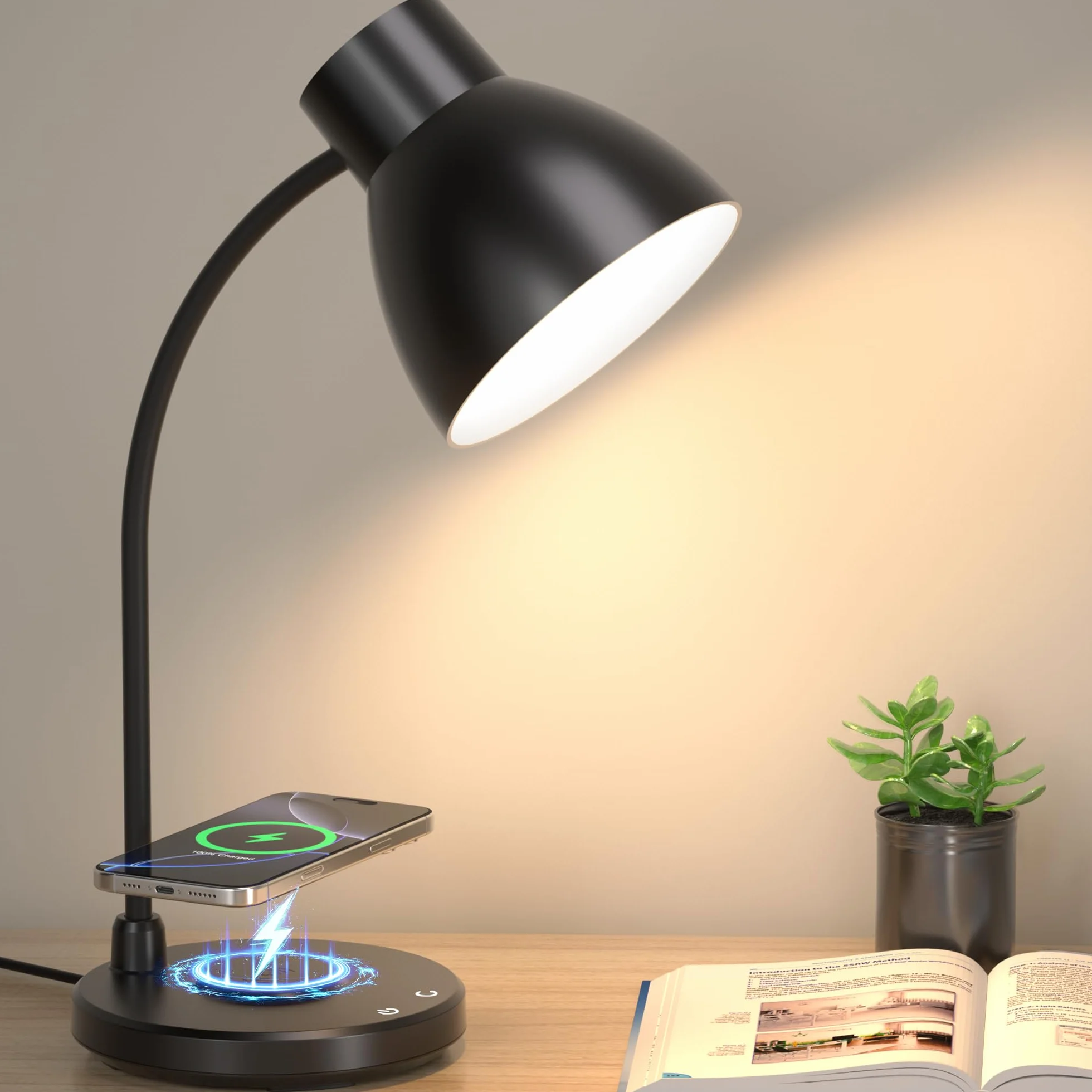 Lampy biurkowe do domowego biura – lampa biurkowa LED z bezprzewodową ładowarką, 3 tryby kolorów, możliwość ściemniania, troska o wzrok, lampka do czytania, mała elastyczna lampa stołowa do