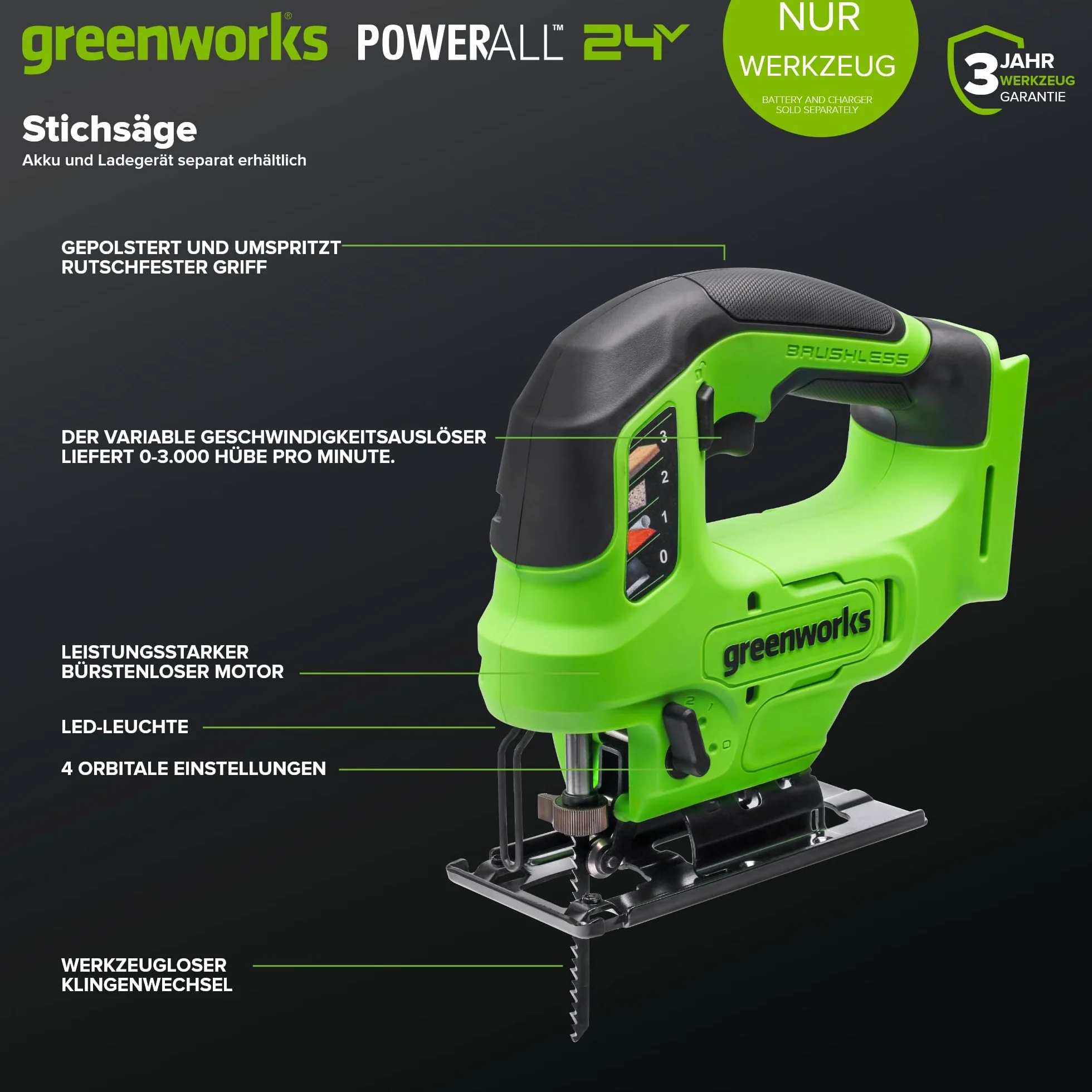 Greenworks 24 V akumulatorowa wyrzynarka akumulatorowa, bezprzewodowa, 3000 spm, regulowana maks. do 45°, 4 ustawienia orbitalne, lampa LED, podłączenie odkurzacza, bez baterii 24 V i ładowarki