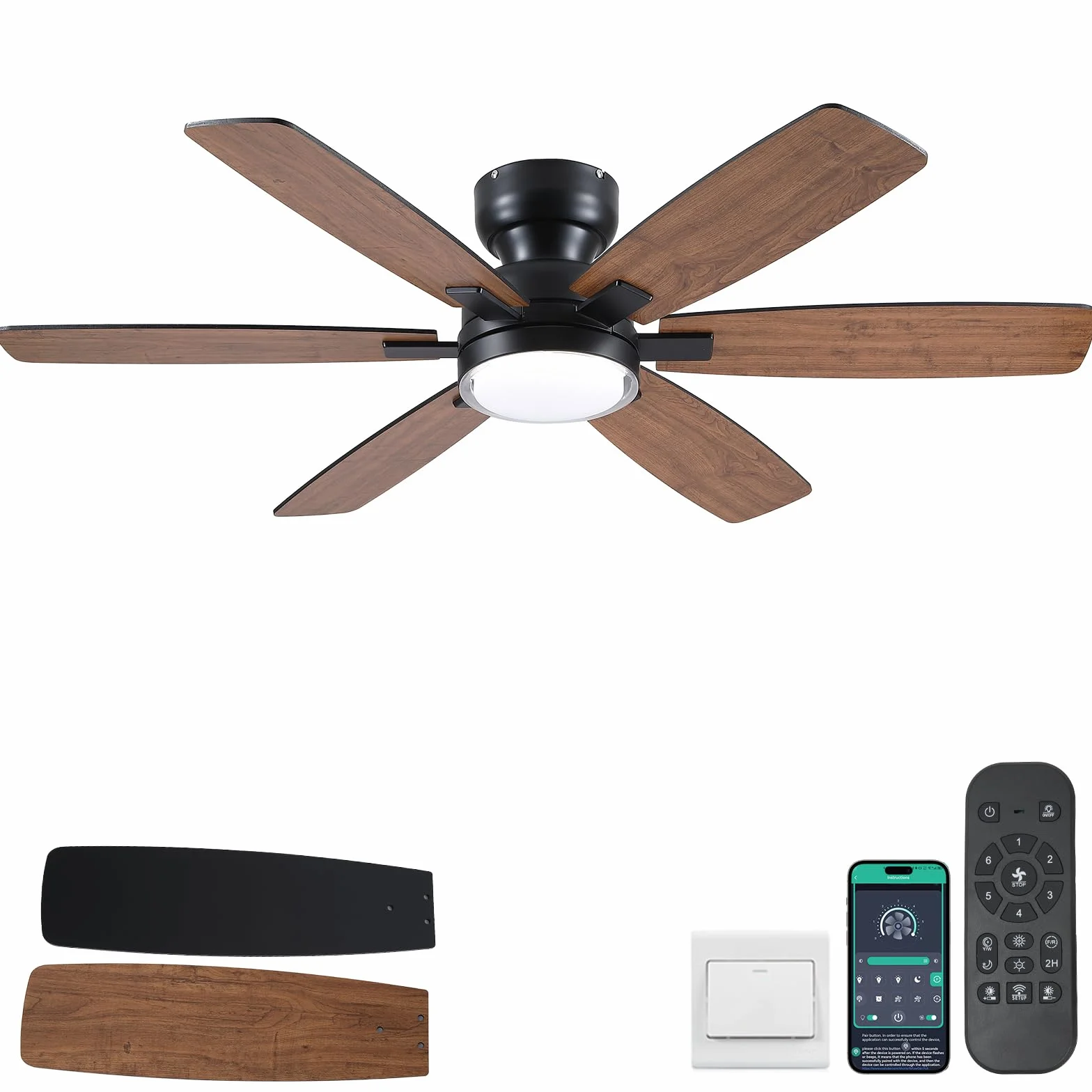 Kviflon Wentylator sufitowy w stylu dworkowym, 132 cm, z oświetleniem, montaż sufitowy, pilot zdalnego sterowania / sterowanie aplikacją, 6 dwustronnych ostrzy dwustronnych, 3 CCT ściemniane, do