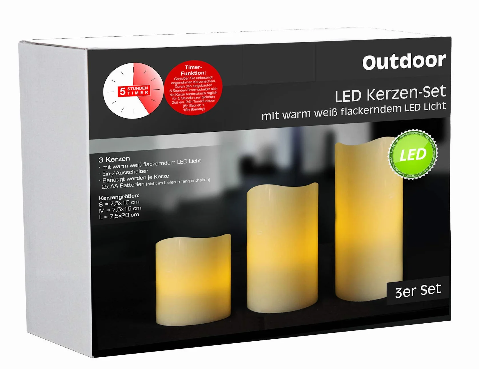 Świece pieńkowe LED, zestaw 3 sztuk, ciepła biel, z timerem, 20 cm, 15 cm, 10 cm, sztuczna świeca z efektem płomienia – dekoracja ogrodowa, bezpłomieniowa, do użytku na zewnątrz i wewnątrz, zasilana
